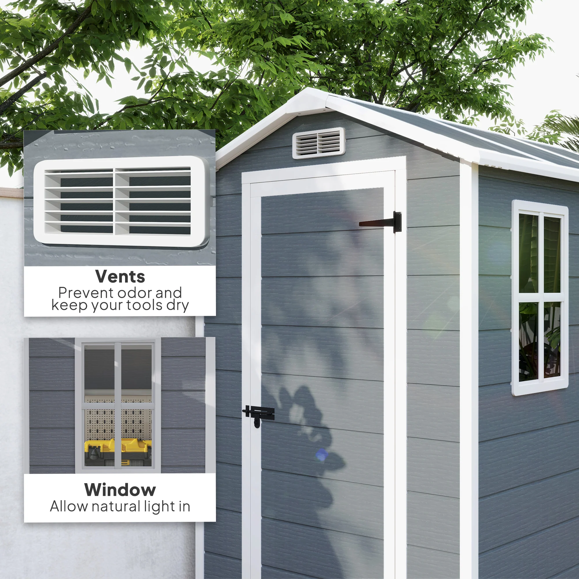 4 x 6ft Plastic Tool Shed with Floor, Window, Vents & Lockable Door for Garden, Patio, Grey - Image 8