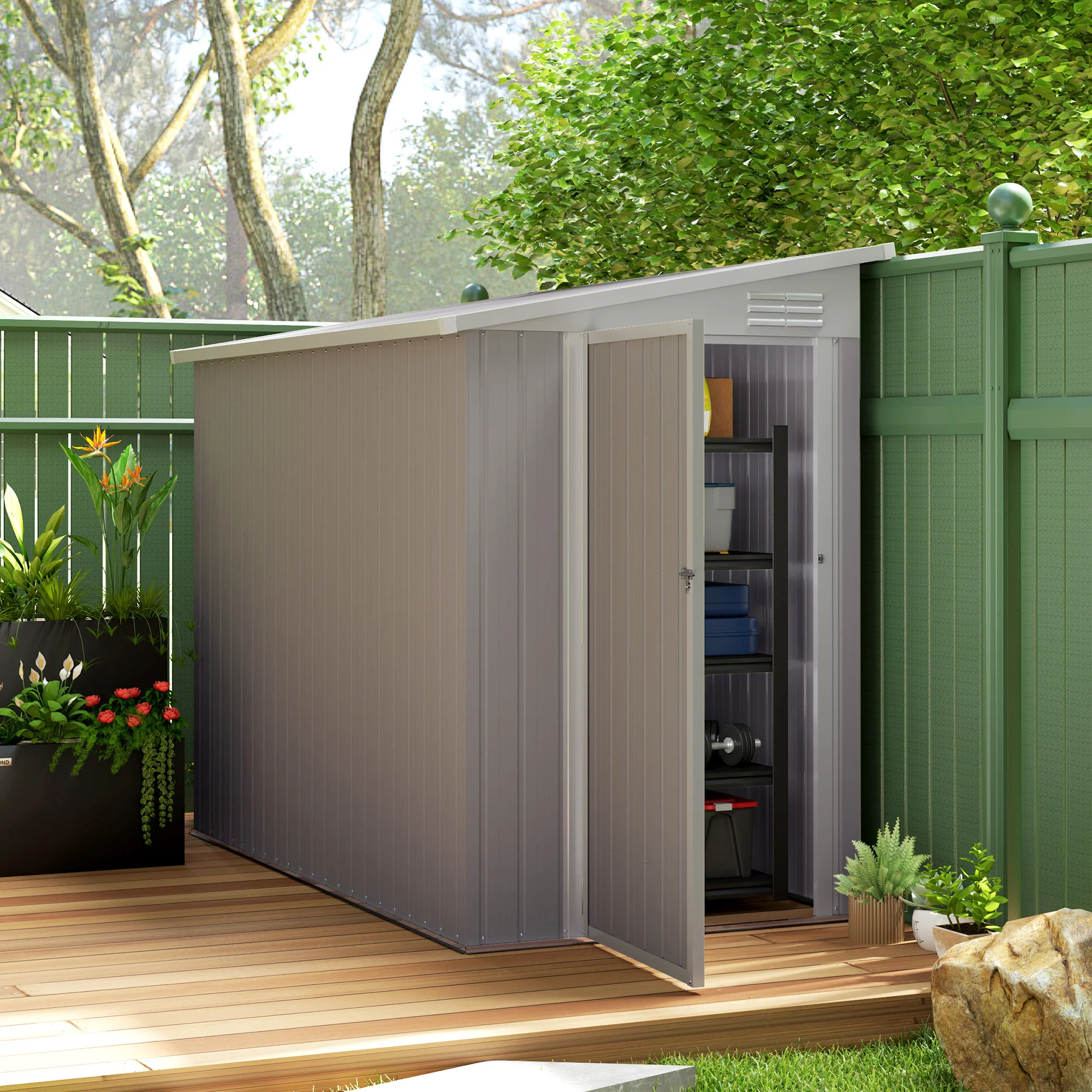 4' x 8' Steel Garden Storage Shed Lean to Shed Outdoor Metal Tool House with Lockable Door and 2 Air Vents for Backyard, Patio, Lawn, Light Grey - Image 4