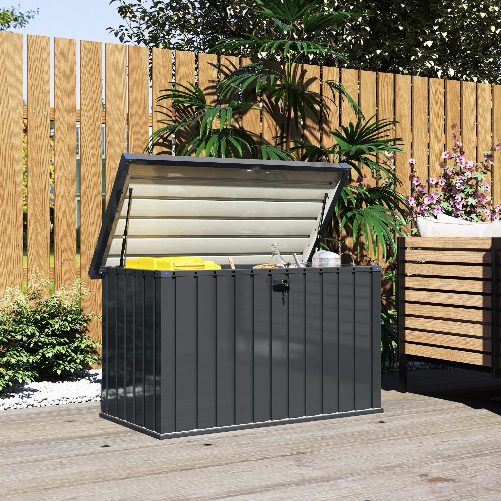 400L Waterproof Metal Outdoor Storage Box, Lockable Garden Storage Box, Dark Grey - Image 3