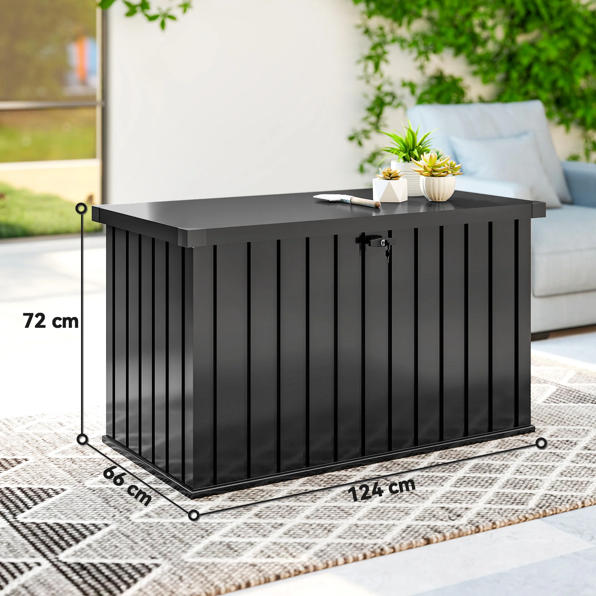 400L Garden Storage Box, Waterproof Metal Outdoor Storage Box with Lockable Lid, Storage Container Furniture Terrace Box, 124 x 66 x 72 cm, Black - Image 5
