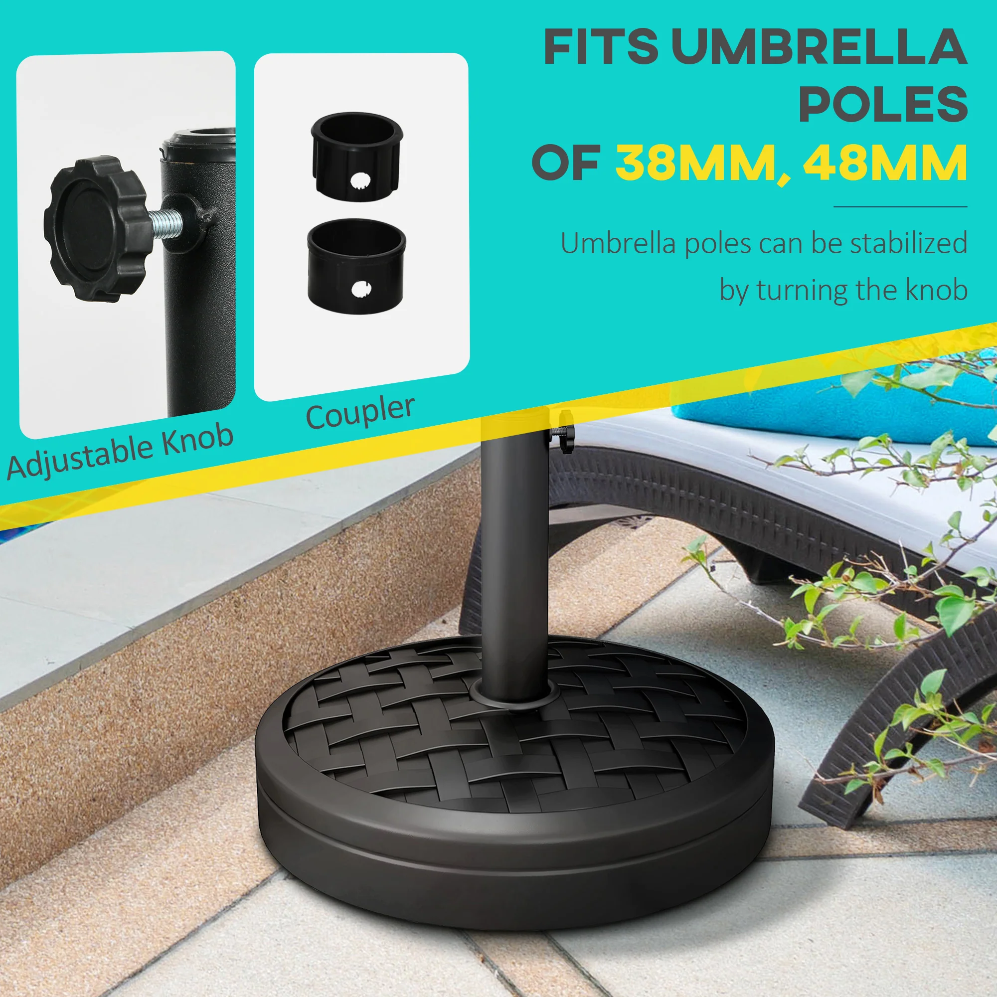40lb Concrete Umbrella Base with Rattan Design, for 1.5"/1.9" Poles, Black - Image 6