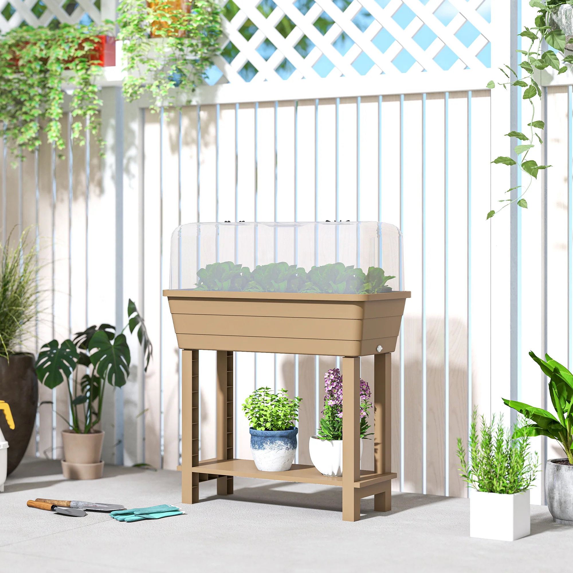 41L Self Watering Raised Garden Bed w/ Ventilation Transparent Lid Greenhouse, Planter Box w/ Storage Shelf, Brown - Image 11