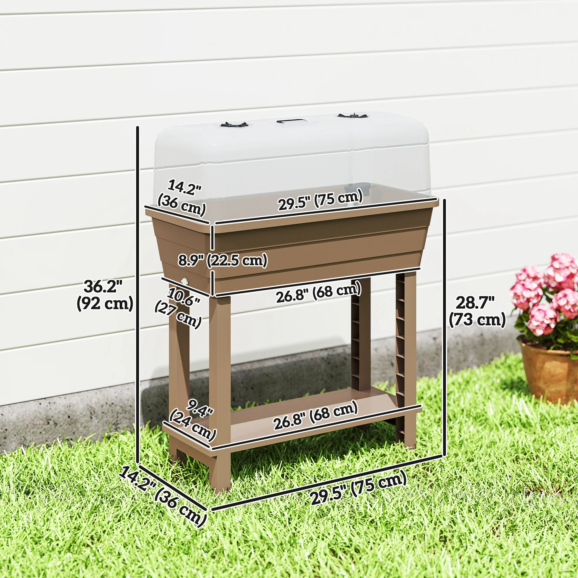 41L Self Watering Raised Garden Bed w/ Ventilation Transparent Lid Greenhouse, Planter Box w/ Storage Shelf, Brown - Image 5