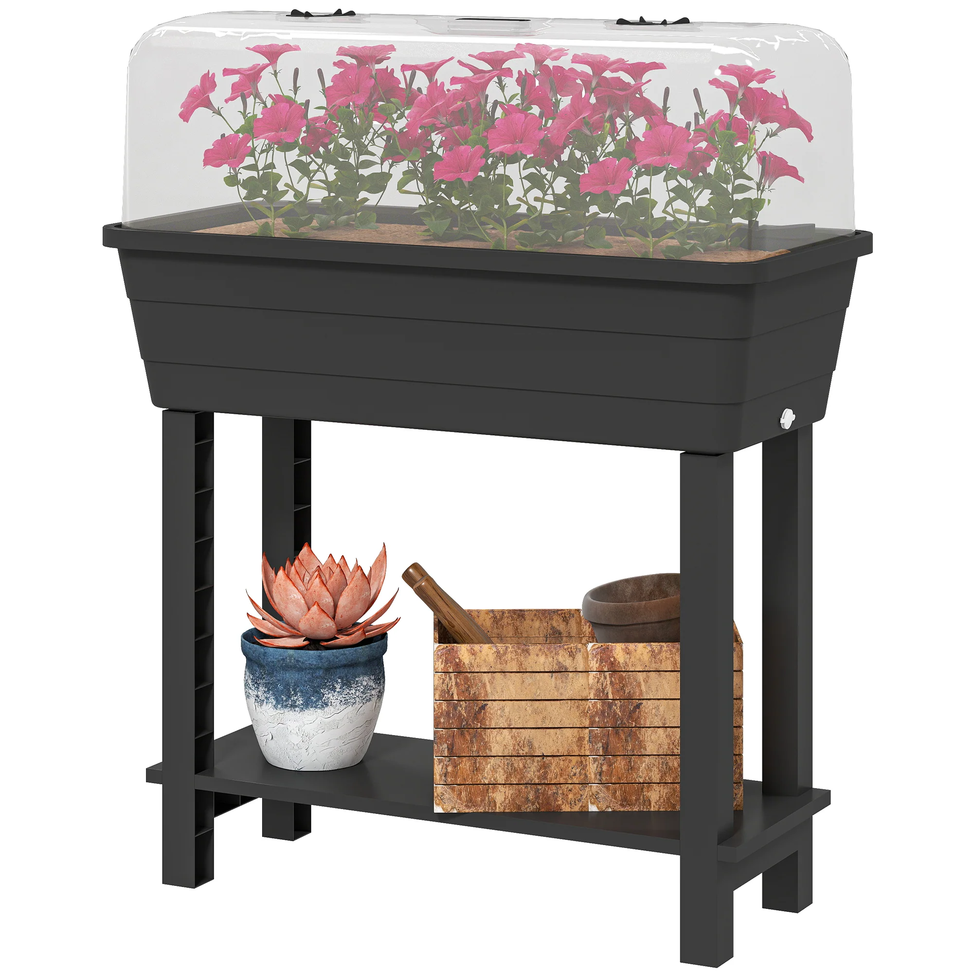41L Self Watering Raised Garden Bed w/ Ventilation Transparent Lid Greenhouse, Planter Box w/ Storage Shelf, Black - Image 2