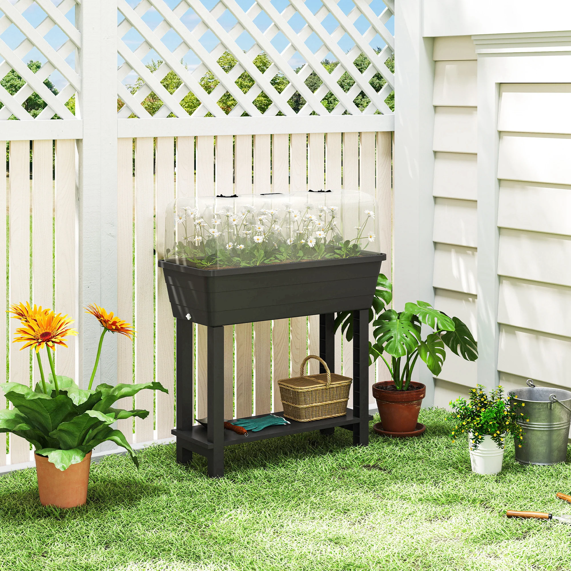 41L Self Watering Raised Garden Bed w/ Ventilation Transparent Lid Greenhouse, Planter Box w/ Storage Shelf, Black - Image 3