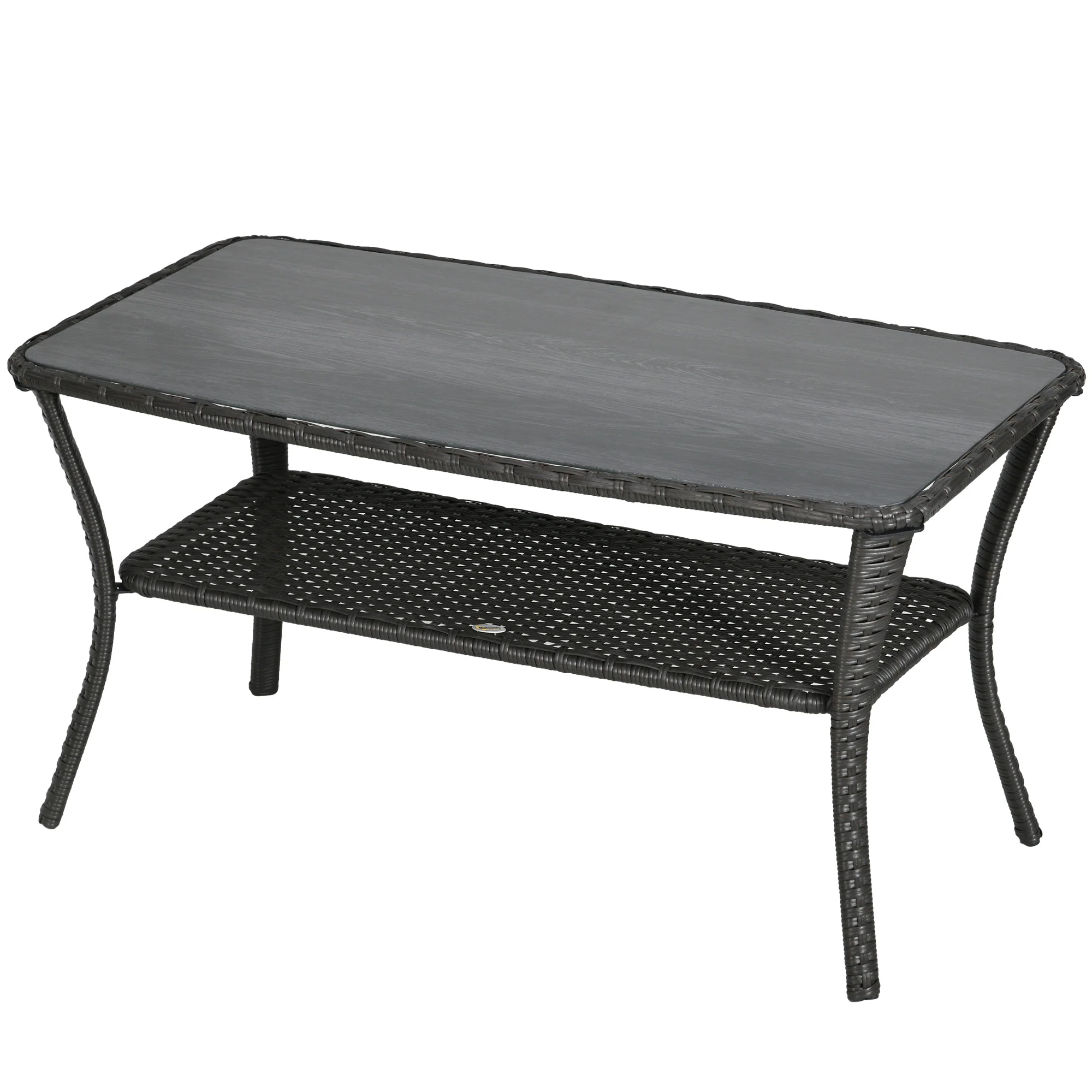 43.3" PE Rattan Coffee Table w/ Storage Shelf, 2-Layer Storage Table w/ Glass Top, Black - Image 2
