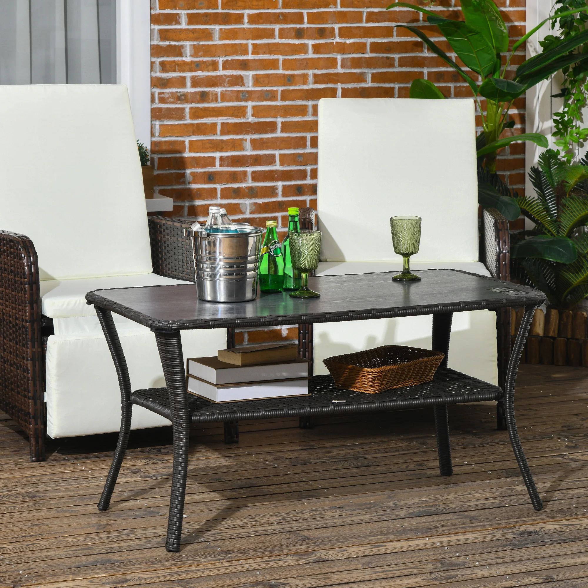 43.3" PE Rattan Coffee Table w/ Storage Shelf, 2-Layer Storage Table w/ Glass Top, Black - Image 4