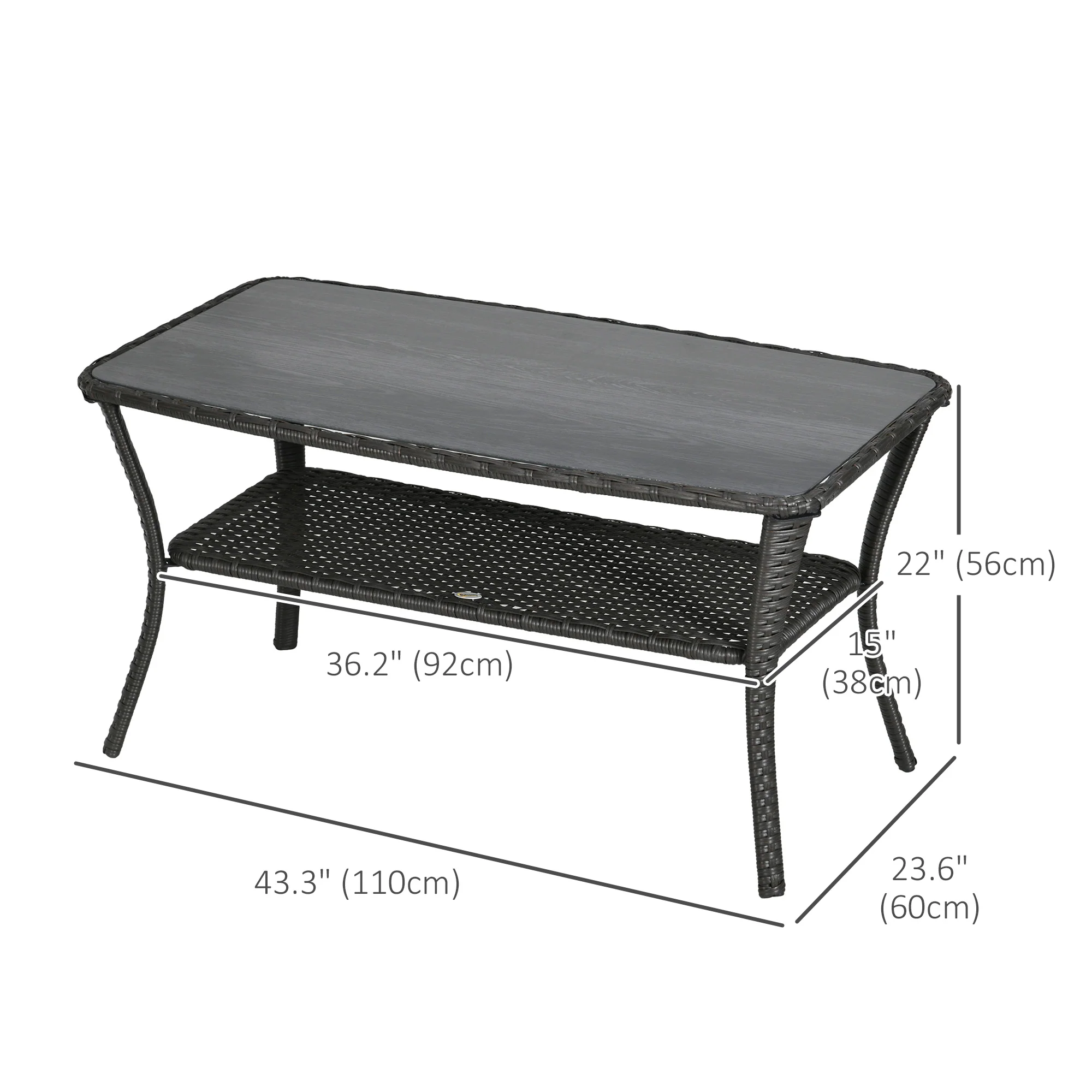 43.3" PE Rattan Coffee Table w/ Storage Shelf, 2-Layer Storage Table w/ Glass Top, Black - Image 5