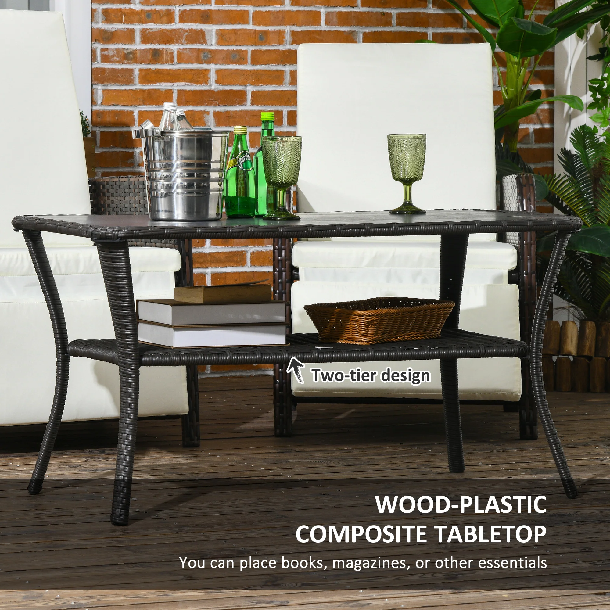 43.3" PE Rattan Coffee Table w/ Storage Shelf, 2-Layer Storage Table w/ Glass Top, Black - Image 7