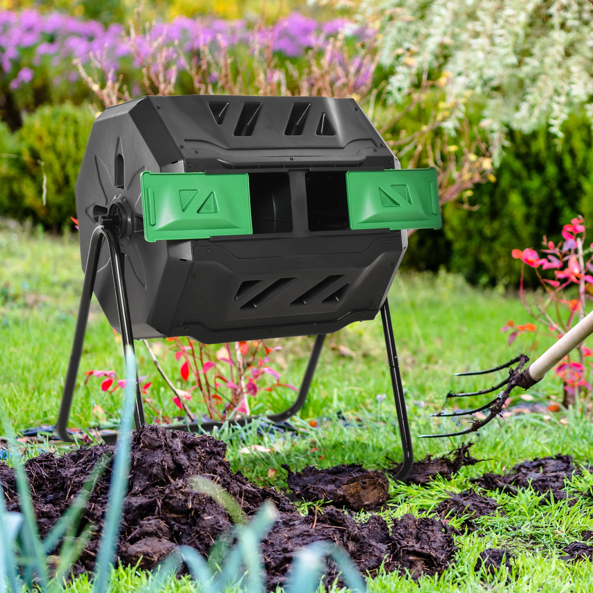 43 Gallon Dual Chamber Tumbling Composter with Steel Frame, 360° Rotating Composter, Green - Image 4