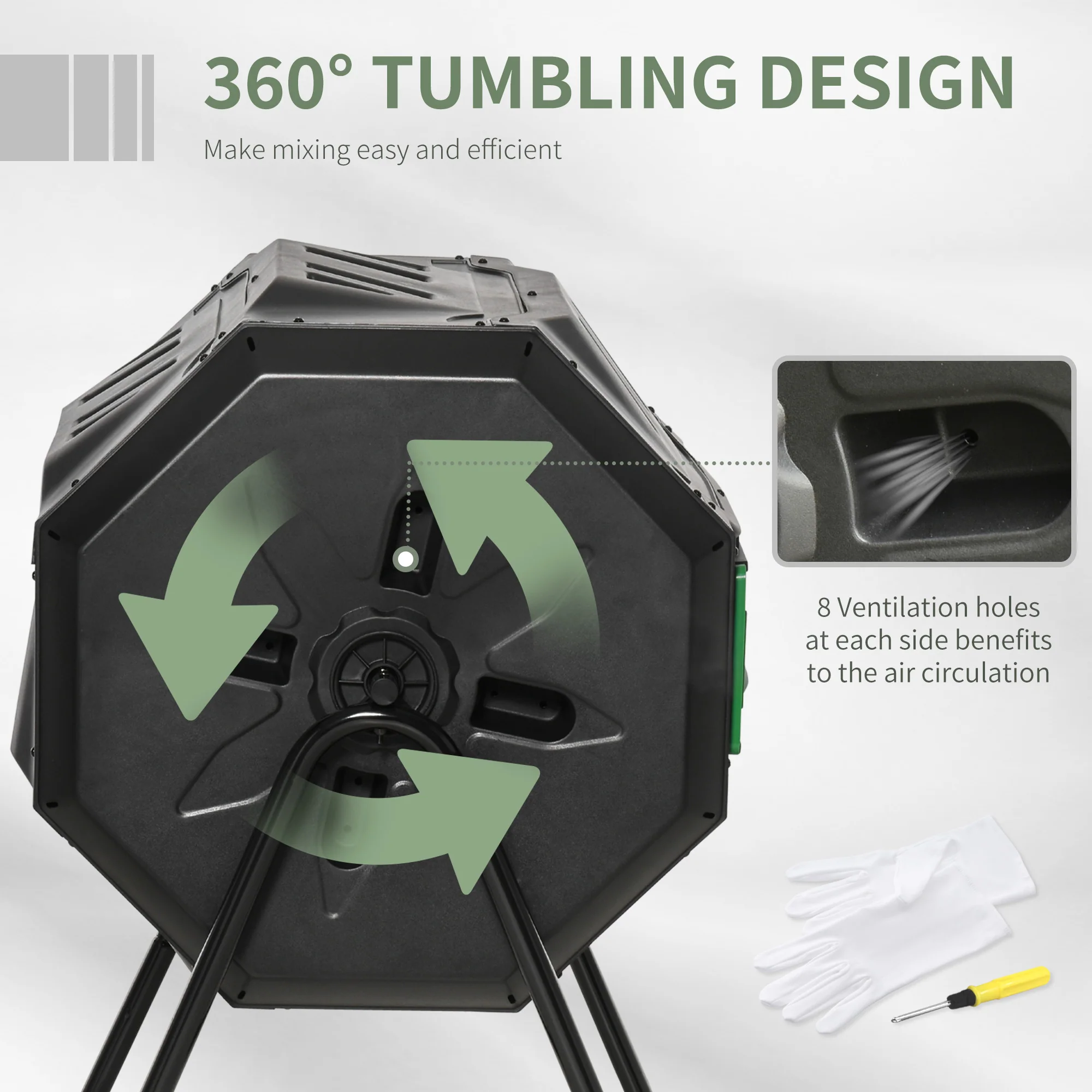 43 Gallon Dual Chamber Tumbling Composter with Steel Frame, 360° Rotating Composter, Green - Image 7