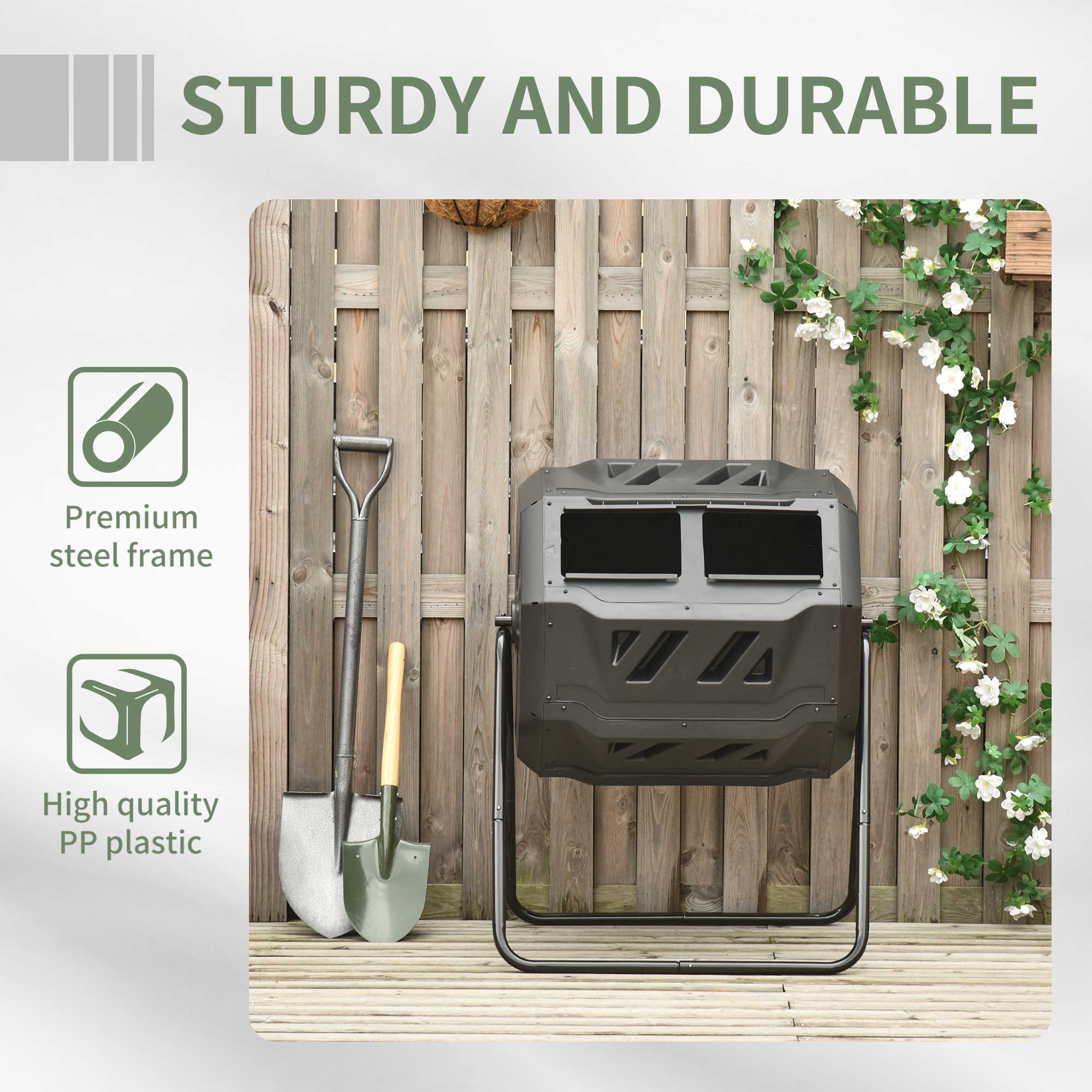43 Gallon Dual Chamber Tumbling Composter with Steel Frame, 360° Rotating Composter, Green - Image 9