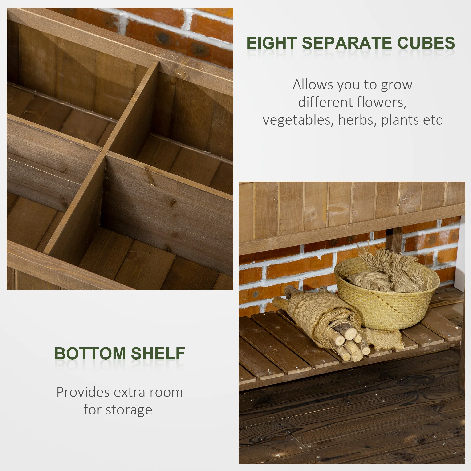 Wooden Raised Bed with Storage Shelf & 8 Pockets, 43" x 18" x 30", Dark Brown - Image 6