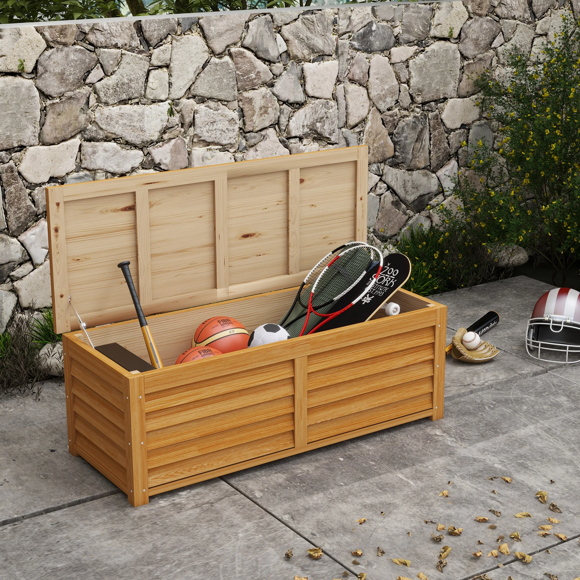 47" Light Brown Wooden Deck Box with Safety Hinges, 51.2" x 19.7" x 17.7", Light Brown - Image 3
