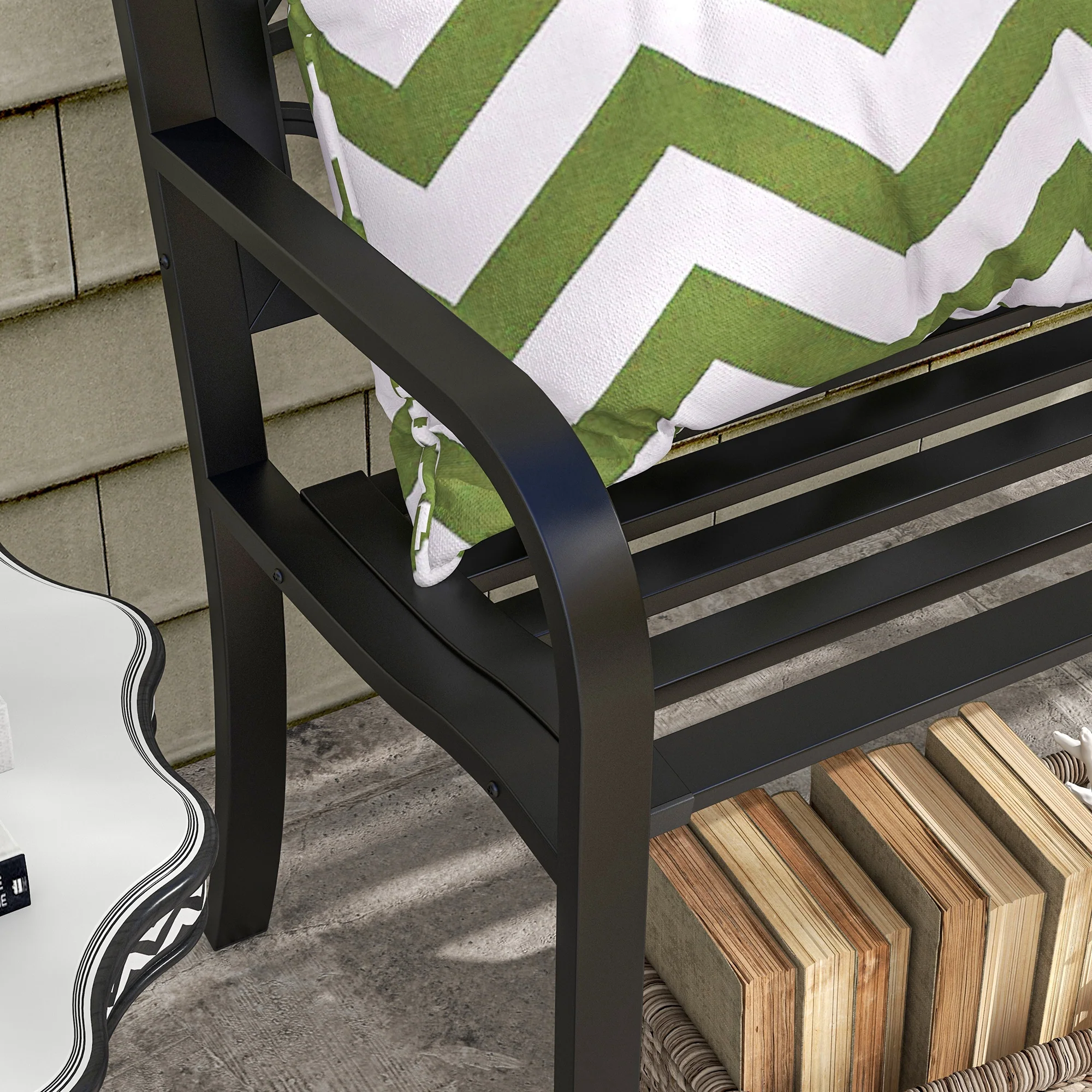 49" Metal Outdoor Bench Patio Bench with Curved Arms & Slatted Seat for Patio, Black - Image 11