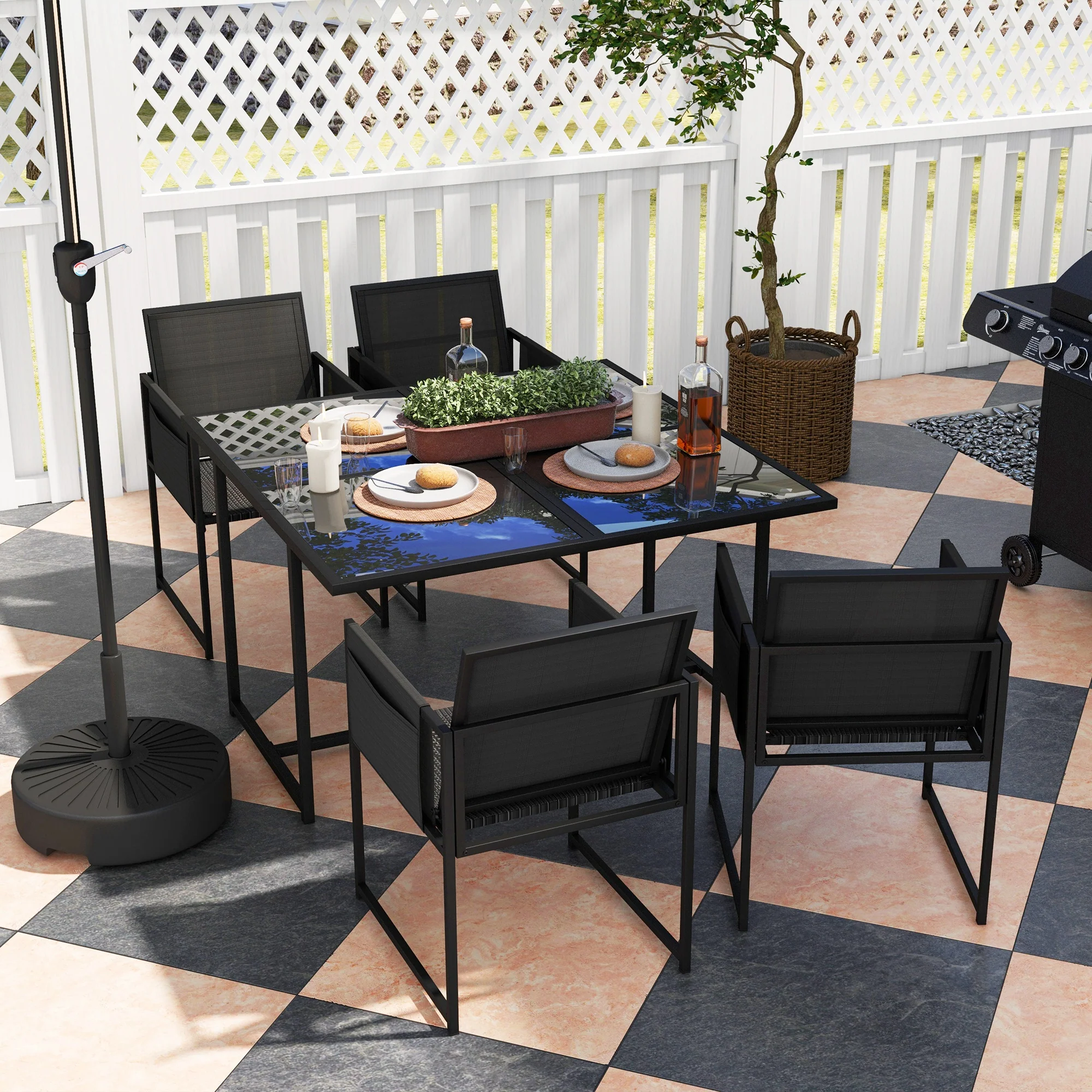 5 Piece Garden Dining Set, 4 Seater Outdoor Table and Chairs with Texteline Seat, Space Saving Cube Set with Foldable Backrest, Tempered Glass Table Top, for Patio, Black - Image 11