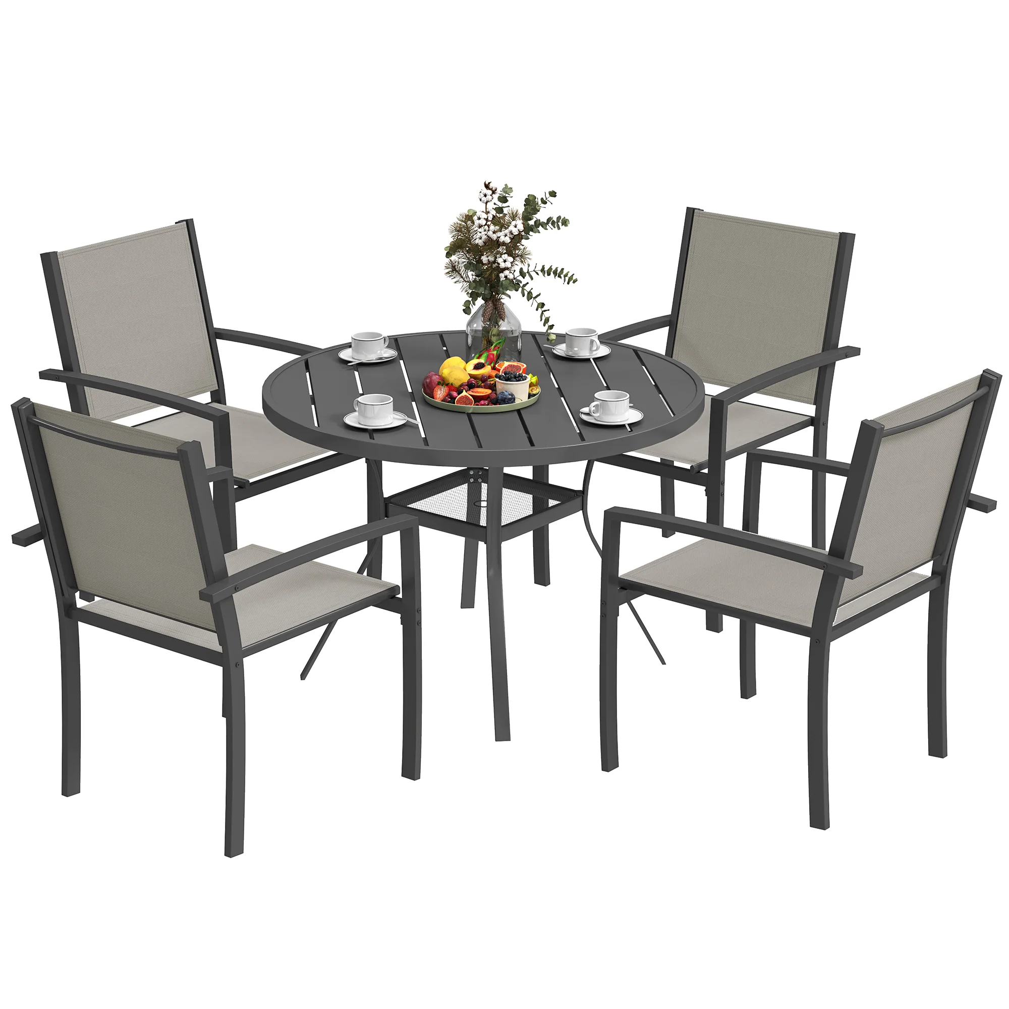 5 Piece Garden Furniture Set, Garden Dining Set with Round Table and 4 Stackable Chairs, Steel Frame, for Outdoor, Patio, Terraces, Dark Grey - Image 2