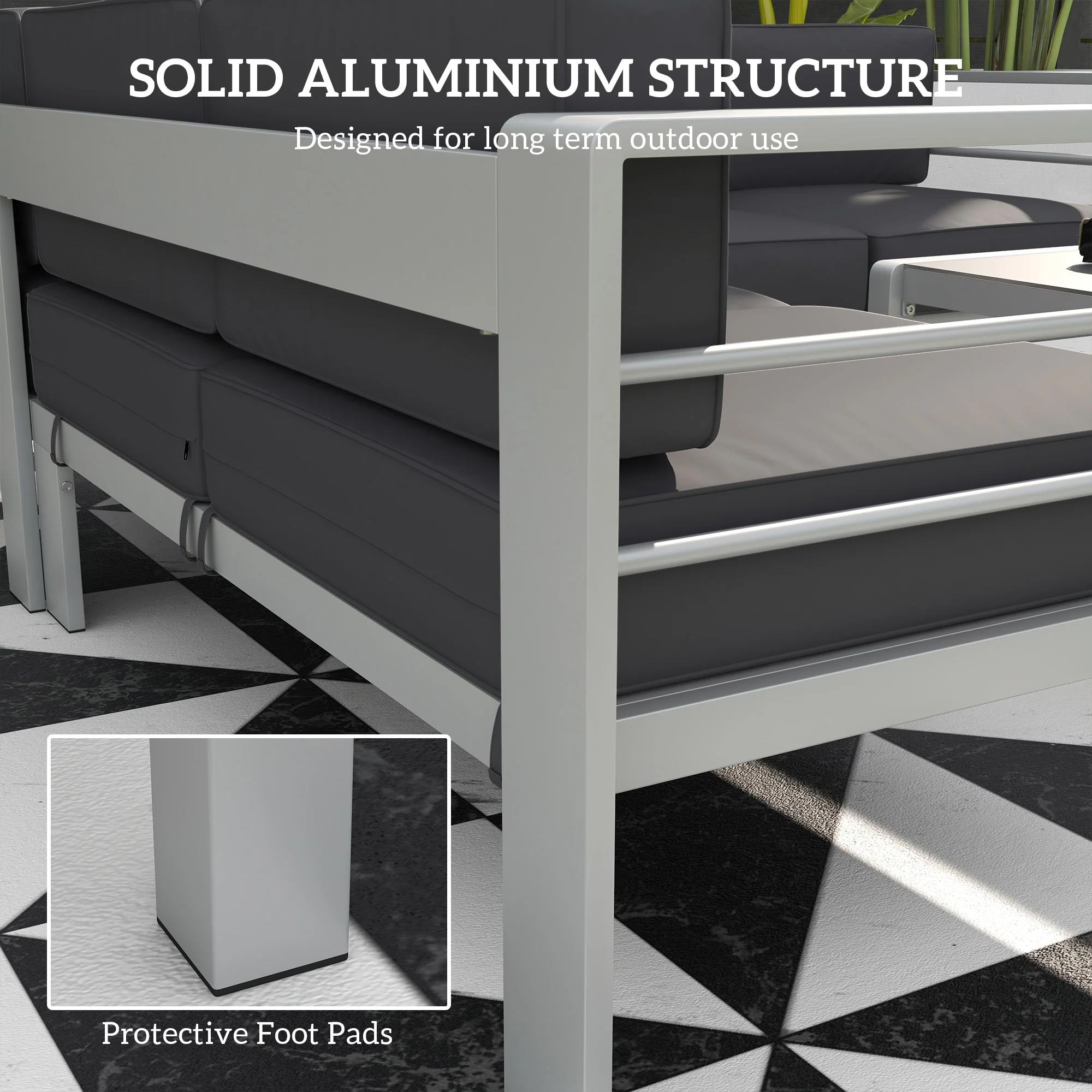 6 Seater Aluminium Patio Sectional Furniture Set with Glass Top Coffee Table, Light Grey - Image 7
