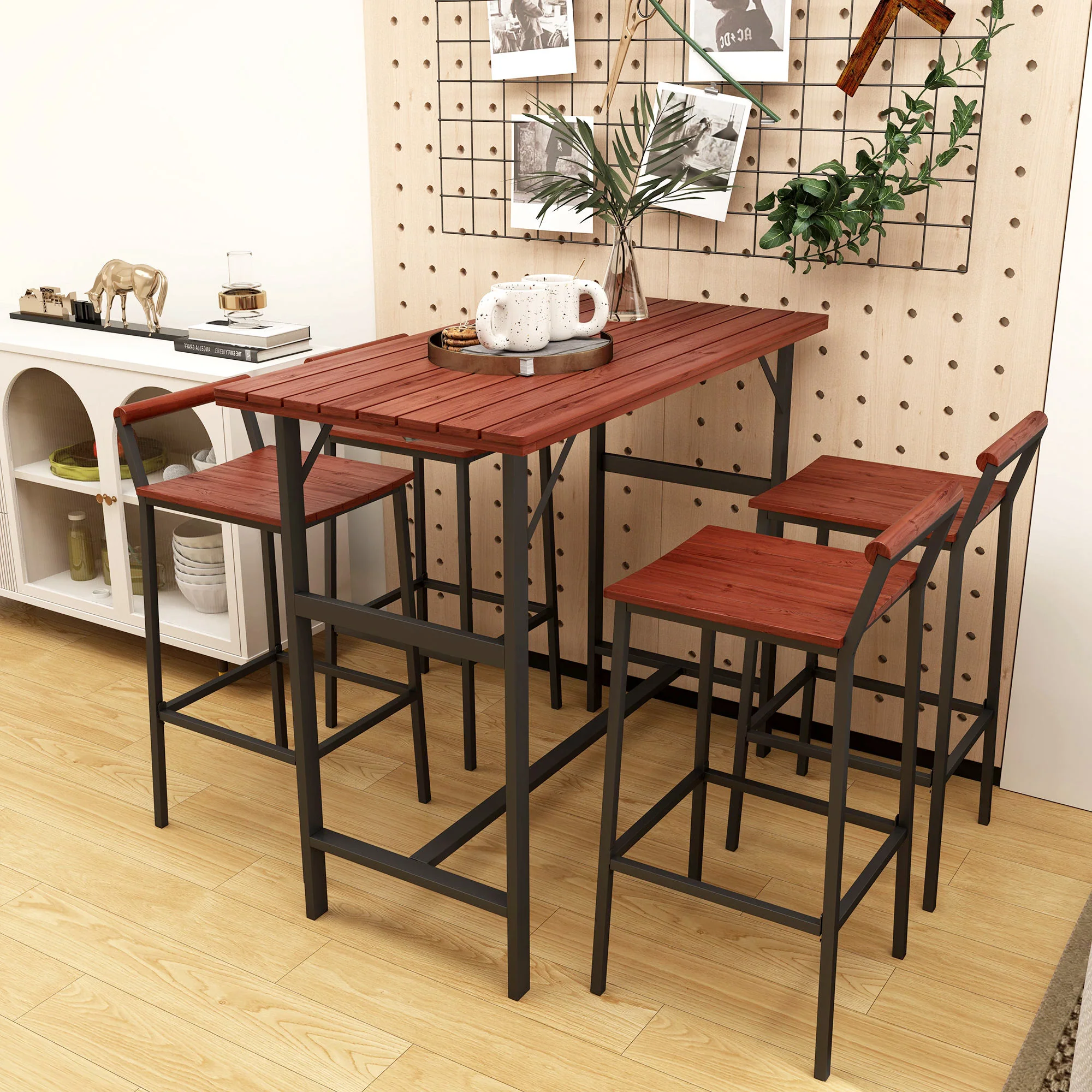 5PC Patio Bar Set w/ 47" Bar Height Table & 4 Bar Stools, for Backyard, Balcony, Brown - Image 10
