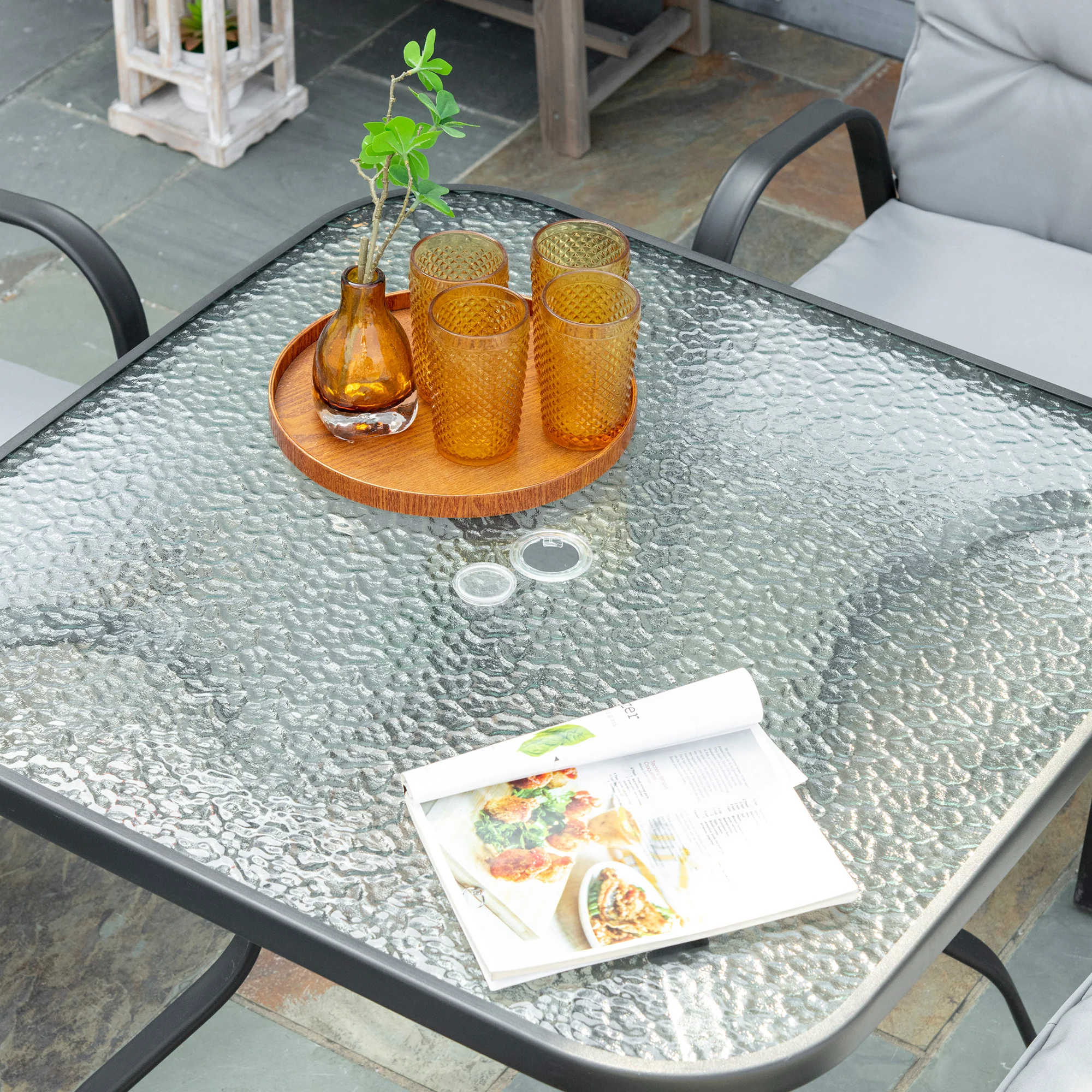 5 Piece Outdoor Square Garden Dining Set w/ Tempered Glass Top & Umbrella Hole, Grey - Image 9