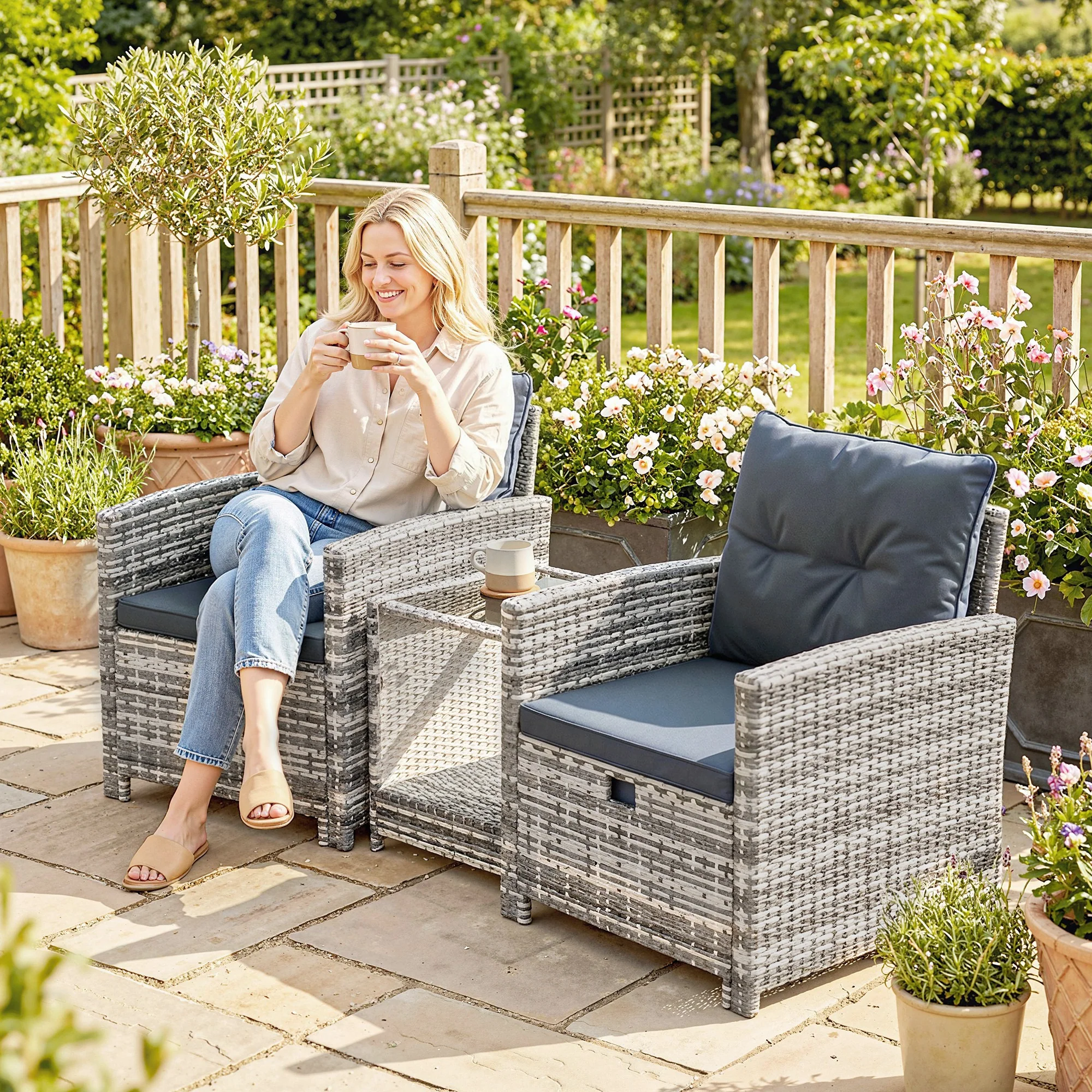 5 Piece Patio Furniture Set, Wicker Patio Chairs with Ottomans, 2-Tier Glass Coffee Table and Cushions, Grey/Dark Grey - Image 11