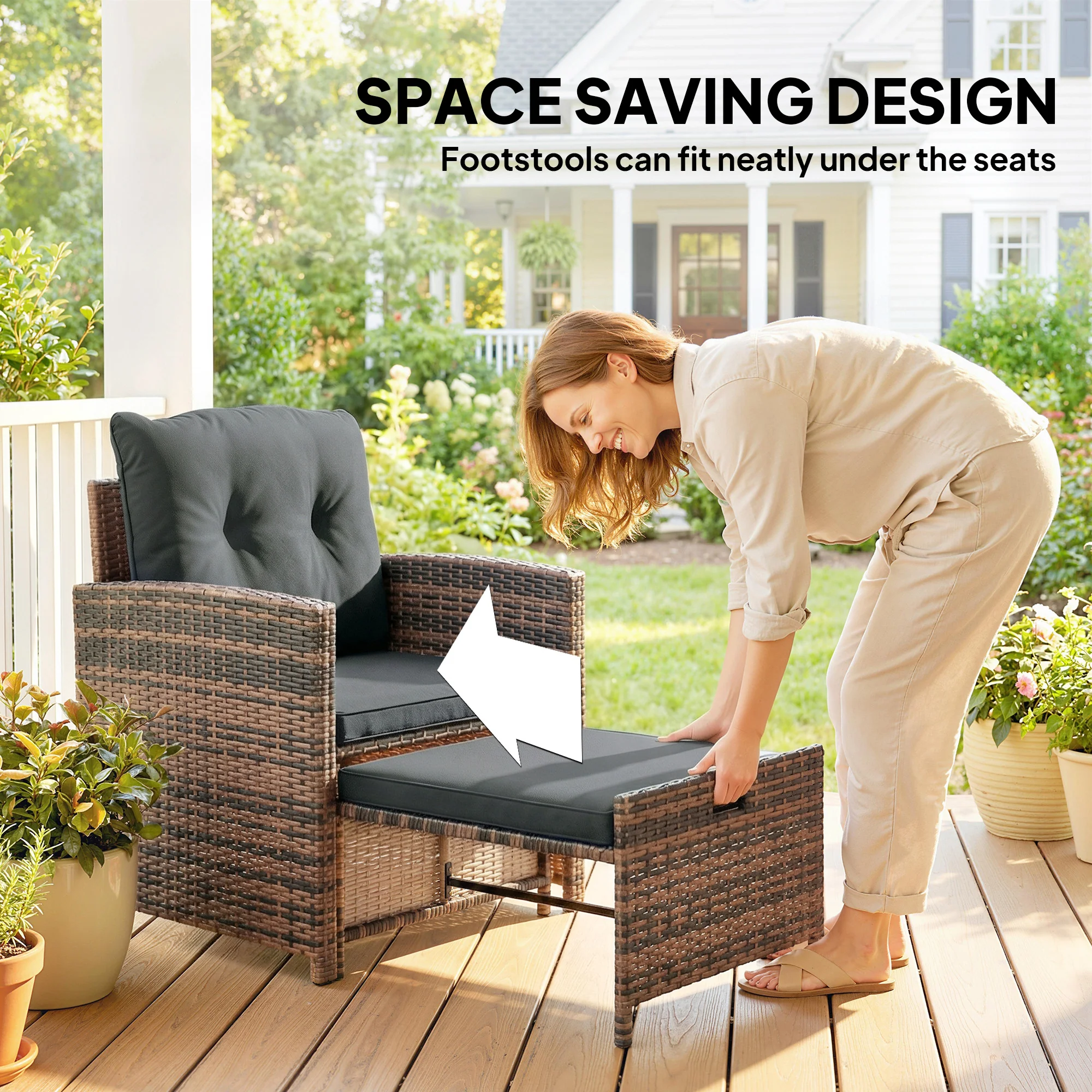 5 Piece Patio Furniture Set, Wicker Patio Chairs with Ottomans, 2-Tier Glass Coffee Table and Cushions, Brown/Dark Grey - Image 6