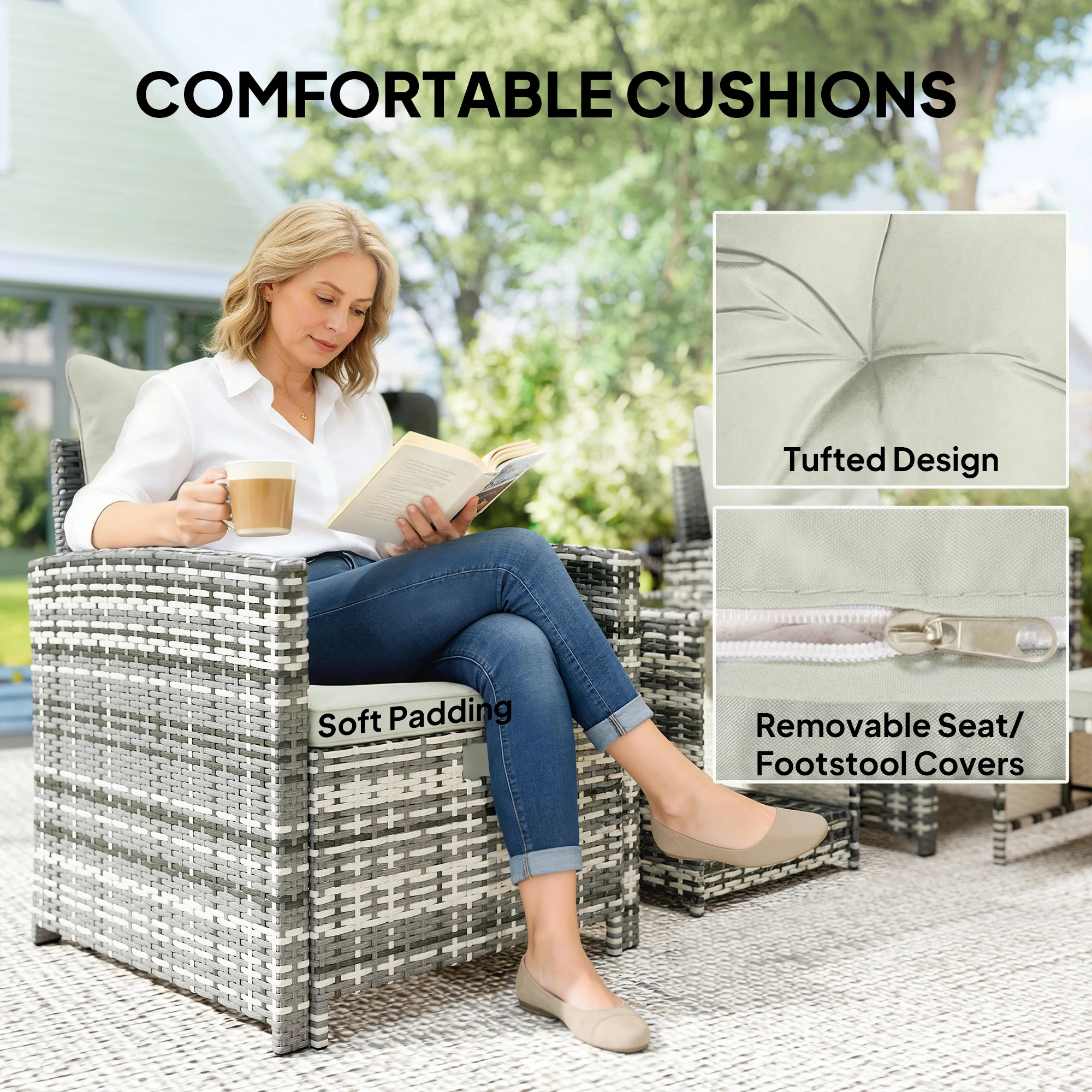 5 Piece Patio Furniture Set, Wicker Patio Chairs with Ottomans, 2-Tier Glass Coffee Table and Cushions, Grey/Cream White - Image 9
