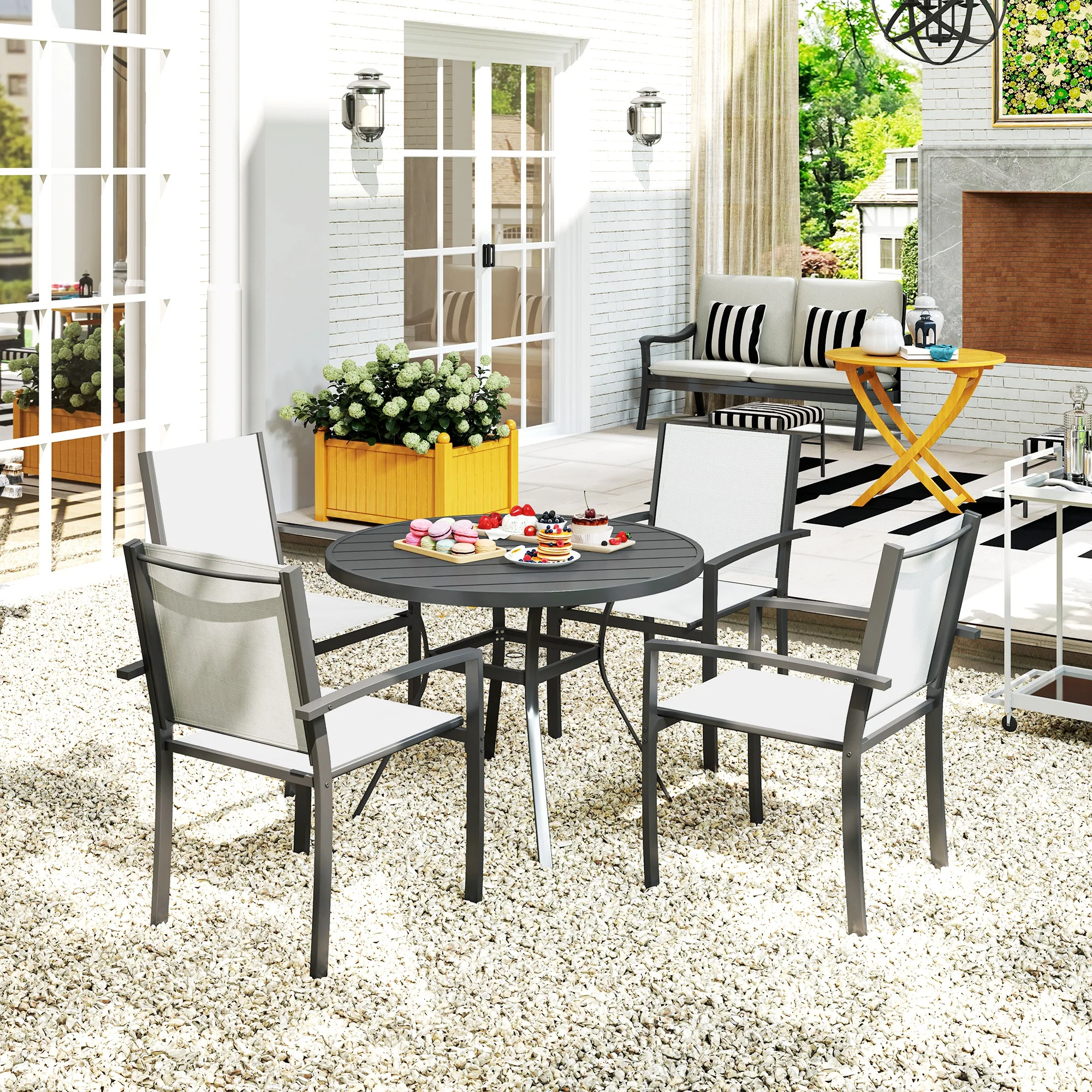 5 Piece Outdoor Dining Set with Round Table and 4 Stackable Chairs for Backyard, Grey - Image 11