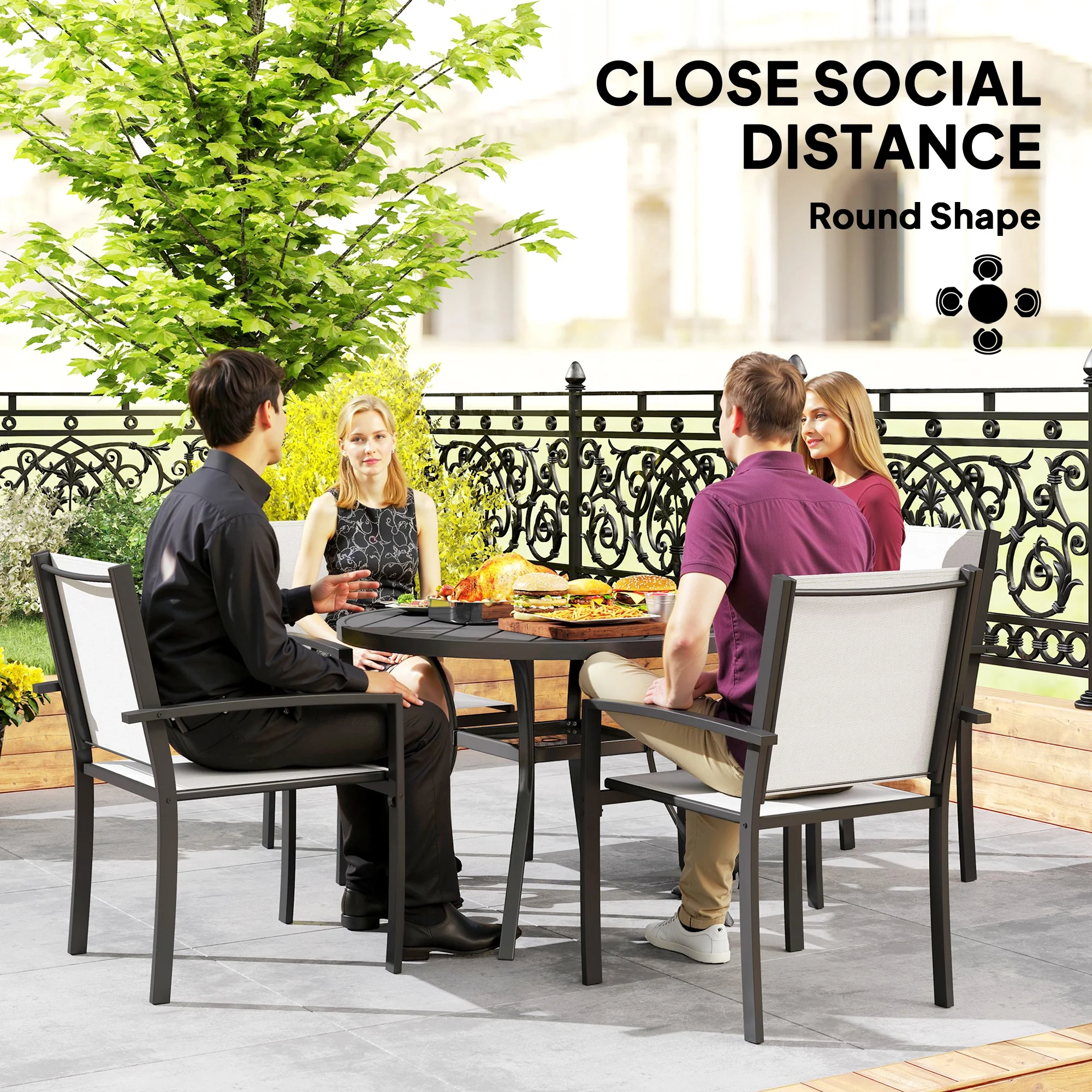 5 Piece Outdoor Dining Set with Round Table and 4 Stackable Chairs for Backyard, Grey - Image 8
