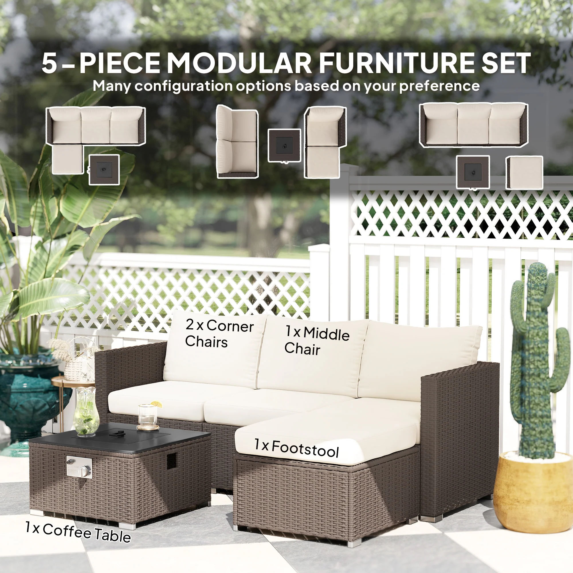5 Piece Rattan Garden Furniture Set with Gas Fire Pit Table, 4 Seater Outdoor Sectional Sofa Set with Footstool and Removable Cushions, Modular Combination, Brown and Cream White - Image 6