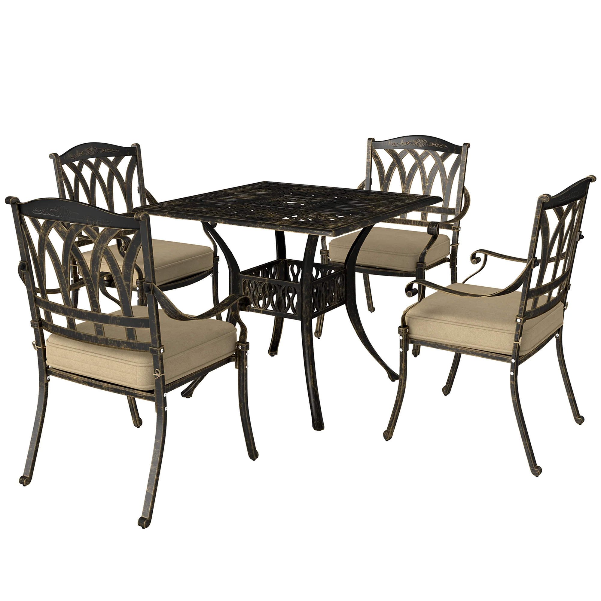 5 Pieces Cast Aluminium Garden Dining Set, 4 Seater Garden Table and Chairs with Parasol Hole, Outdoor Garden Furniture Set with Cushions for Patio, Bronze Tone - Image 2