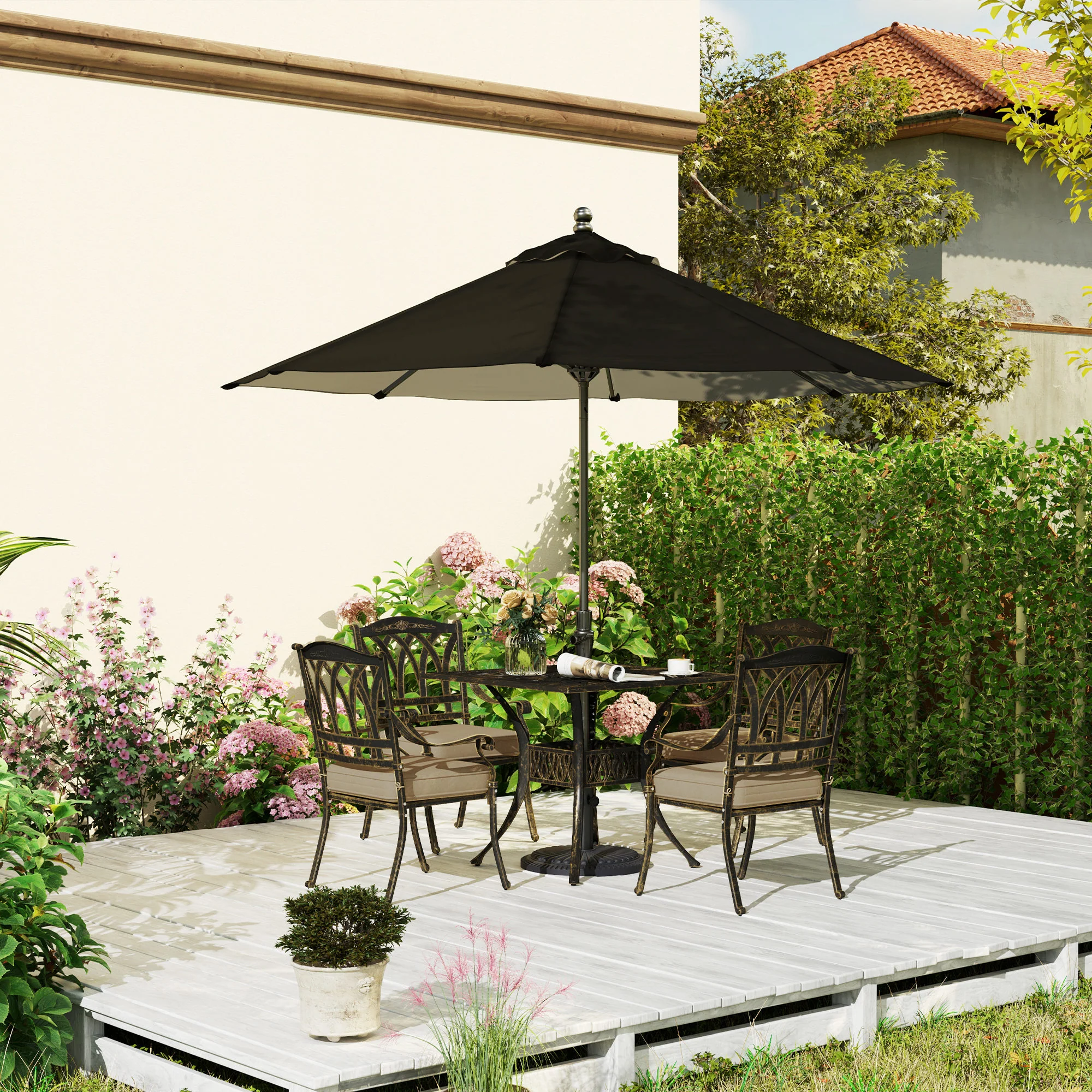 5 Pieces Cast Aluminium Garden Dining Set, 4 Seater Garden Table and Chairs with Parasol Hole, Outdoor Garden Furniture Set with Cushions for Patio, Bronze Tone - Image 4
