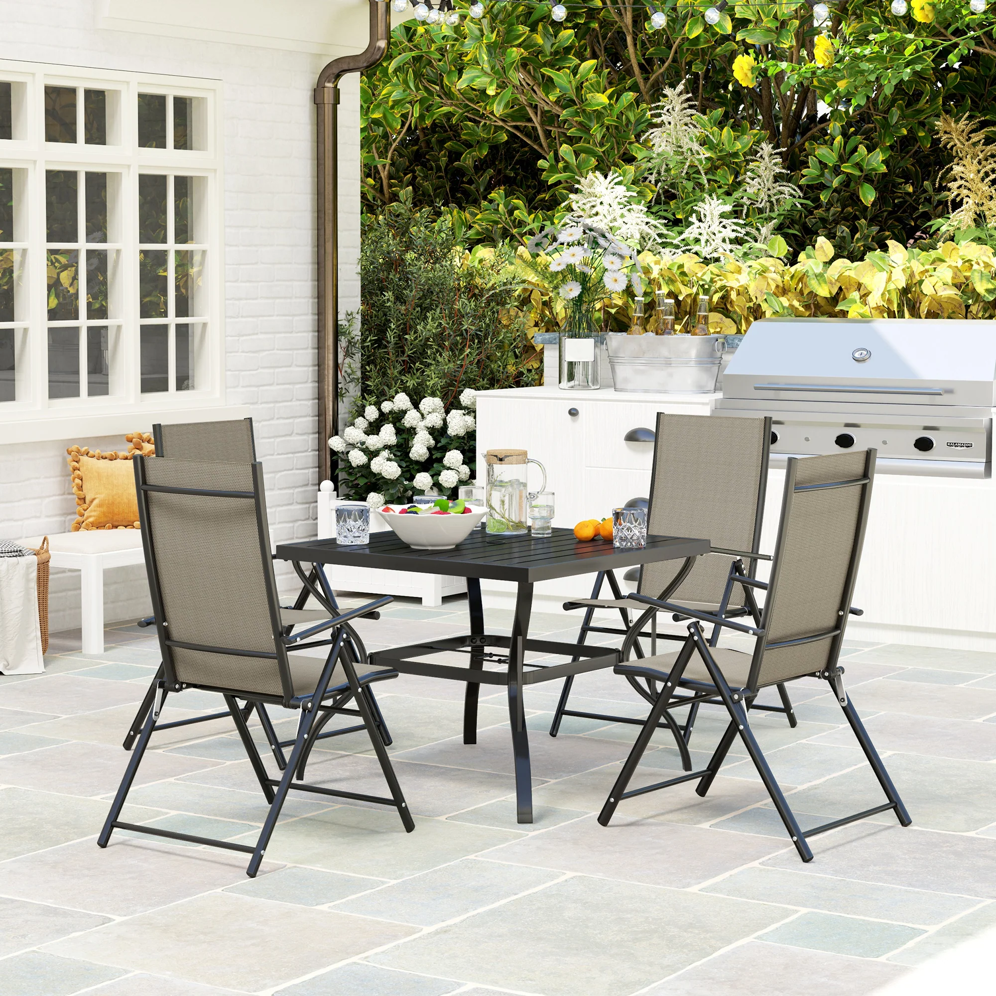 5 Pieces Garden Dining Set, 4 Seater Garden Furniture Set with Parasol Hole, Outdoor Dining Set with High Back Folding Chairs and Square Metal Top Table for Outdoor Patio, Khaki - Image 4