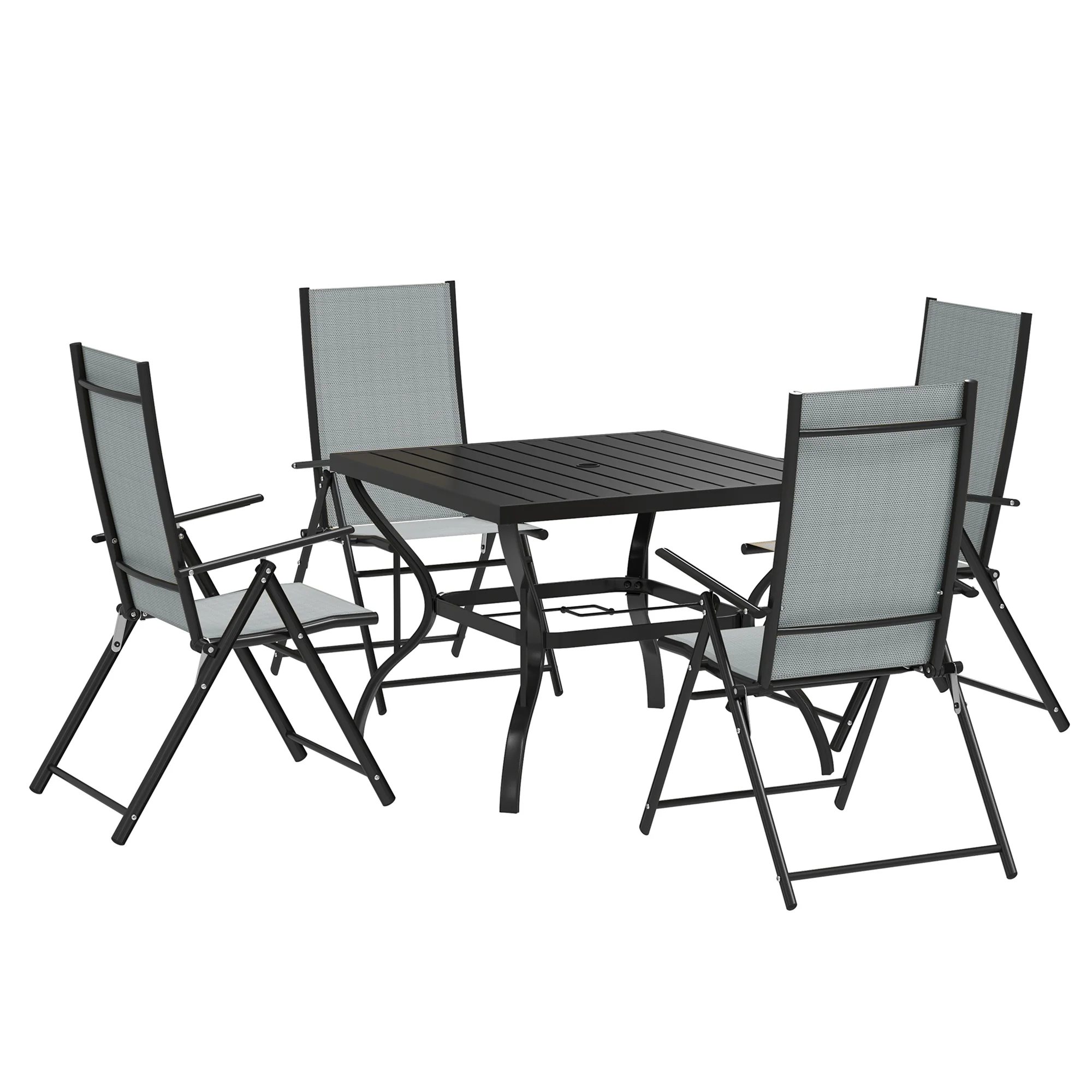 5 Pieces Garden Dining Set, 4 Seater Garden Furniture Set with Parasol Hole, Outdoor Dining Set with High Back Folding Chairs and Square Metal Top Table for Outdoor Patio, Grey - Image 2
