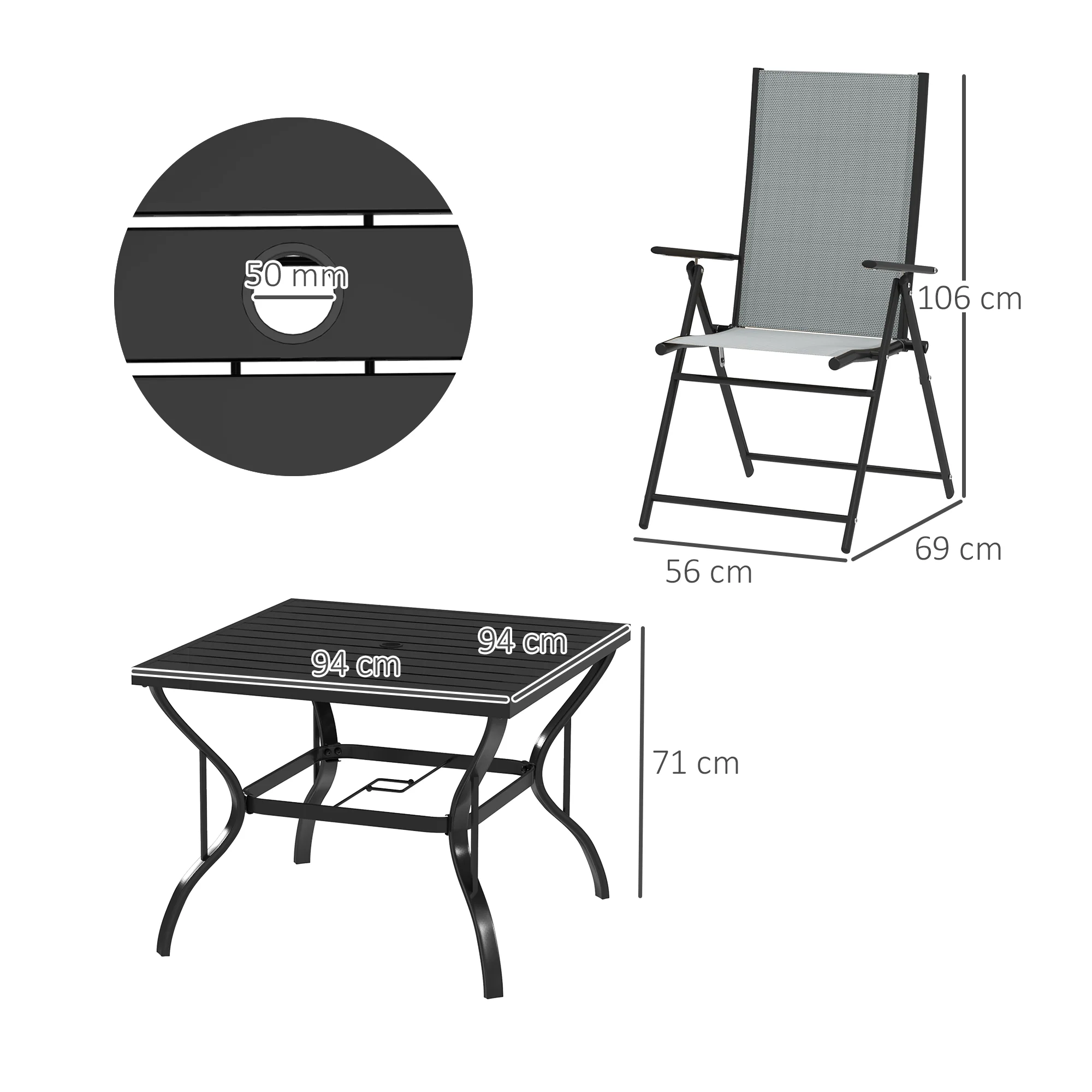 5 Pieces Garden Dining Set, 4 Seater Garden Furniture Set with Parasol Hole, Outdoor Dining Set with High Back Folding Chairs and Square Metal Top Table for Outdoor Patio, Grey - Image 5