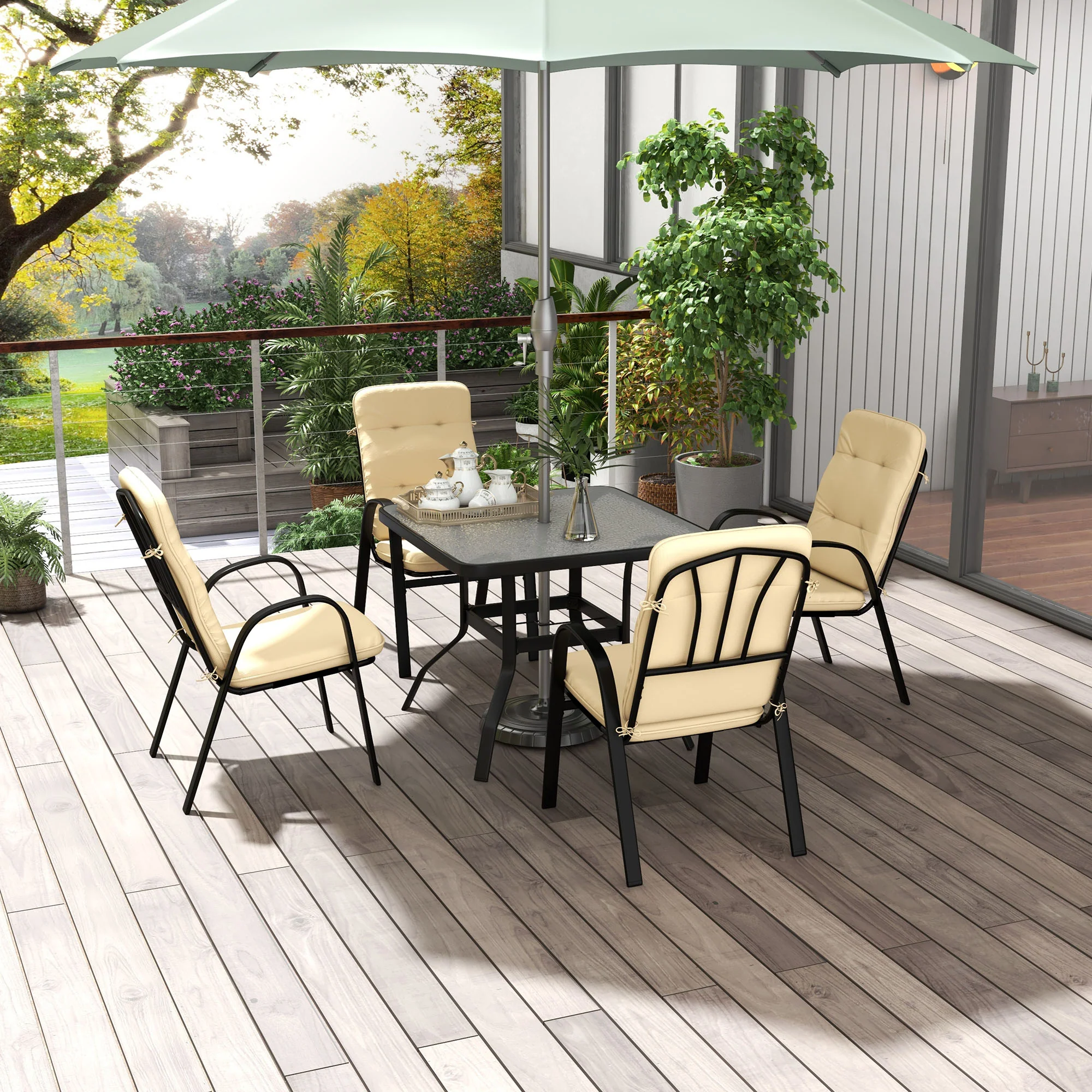 5 Pieces Garden Dining Set, Outdoor Square Dining Table and 4 Cushioned Armchairs, Tempered Glass Top Table w/ Umbrella Hole, Texteline Seats, Beige - Image 4