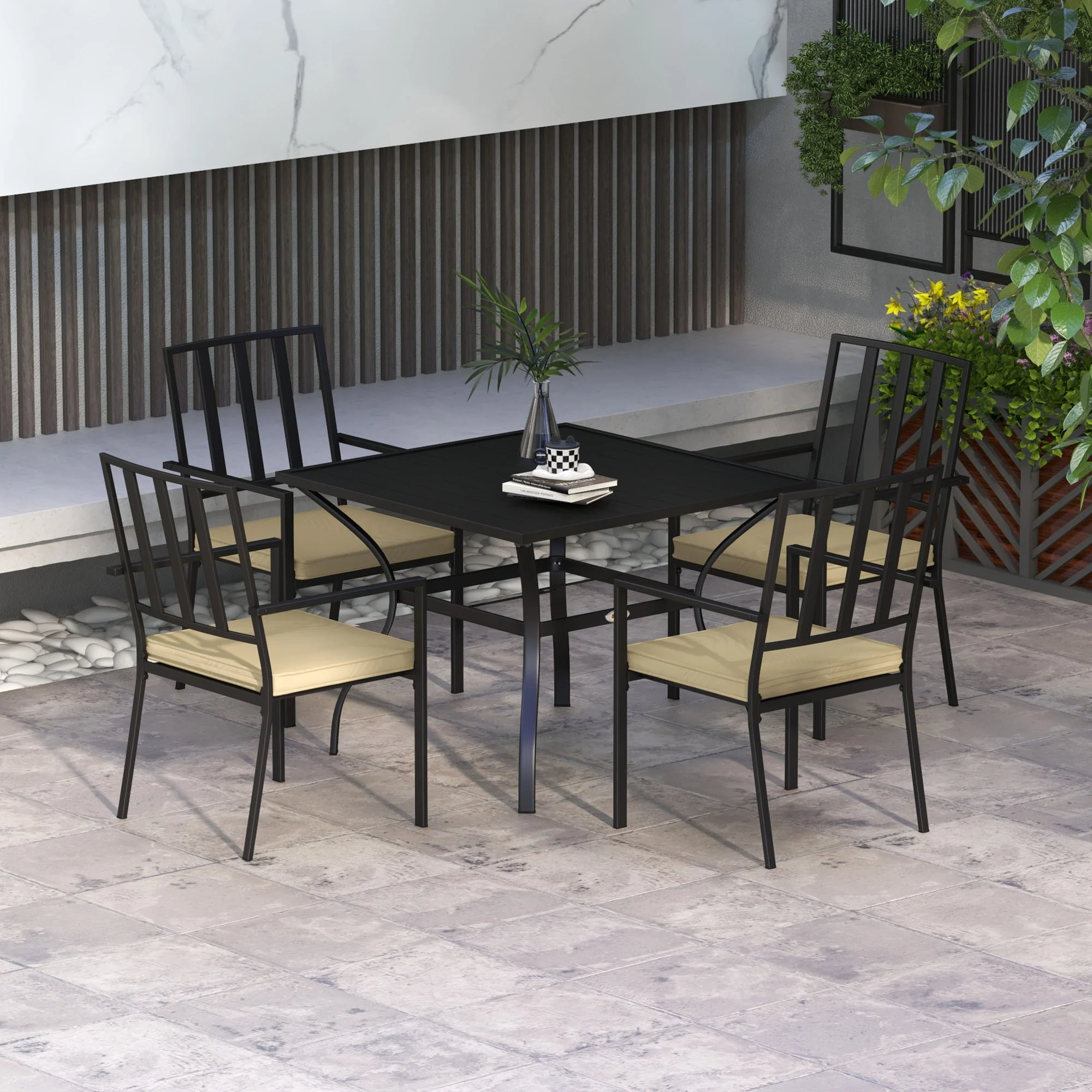 5 Pieces Garden Dining Set with Cushions, Outdoor Patio Table and 4 Stackable Chairs, Metal Top Table with Umbrella Hole, Black - Image 4