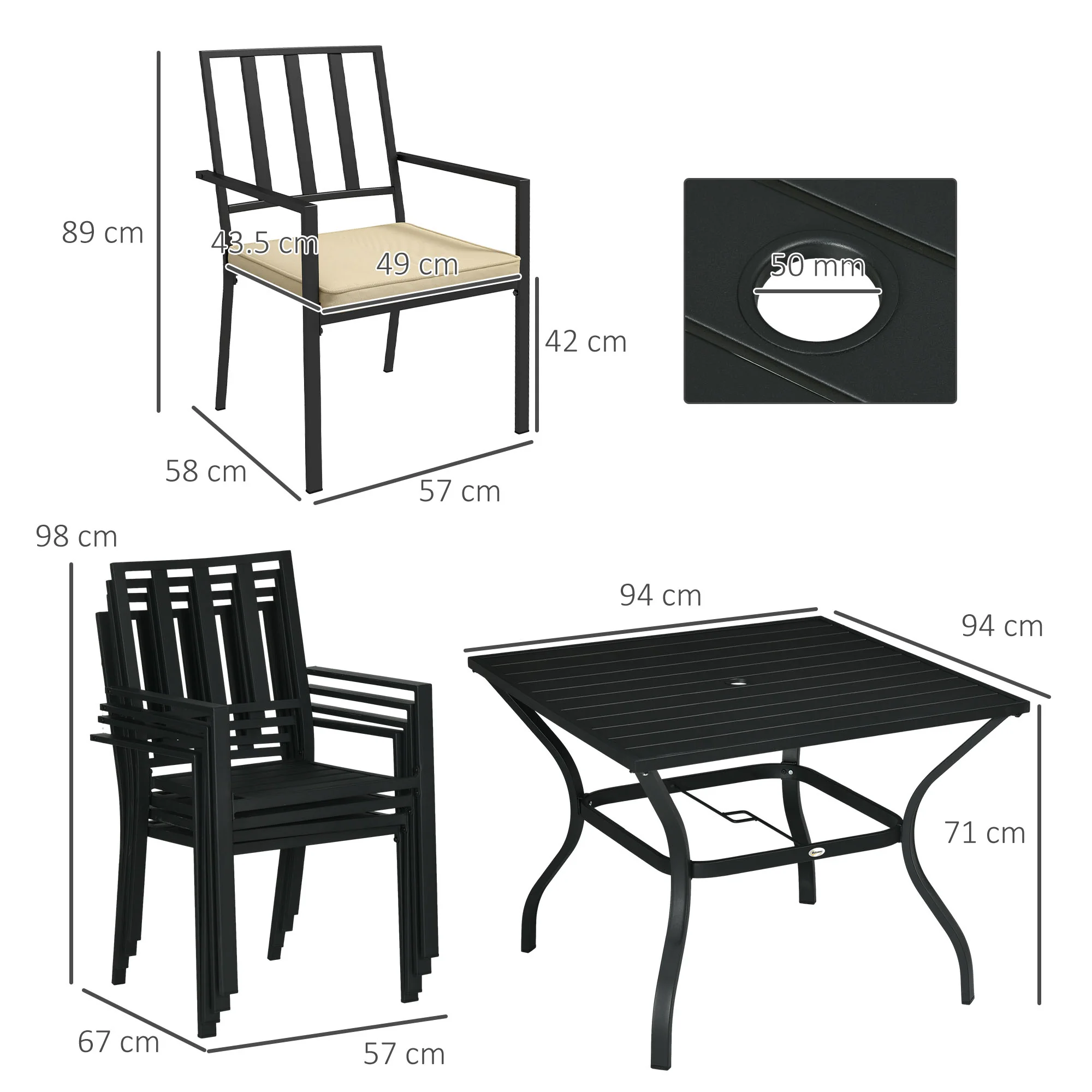 5 Pieces Garden Dining Set with Cushions, Outdoor Patio Table and 4 Stackable Chairs, Metal Top Table with Umbrella Hole, Black - Image 5