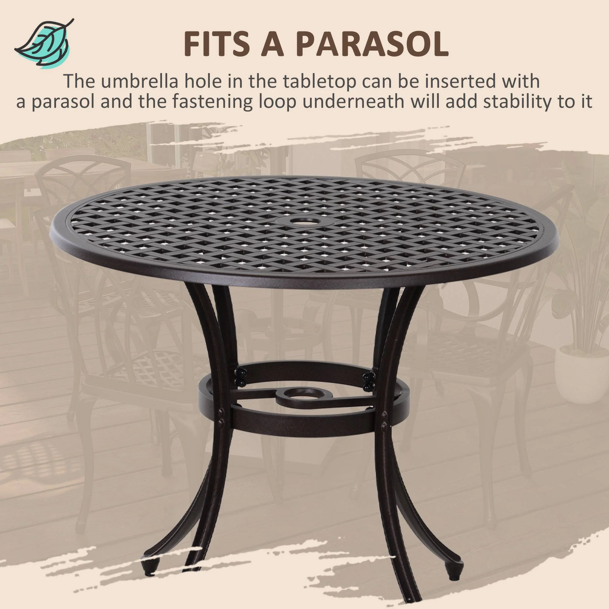 5 Pieces Outdoor Dining Set with Parasol Hole for 4, Aluminium Patio Table & Chairs, Brown - Image 7
