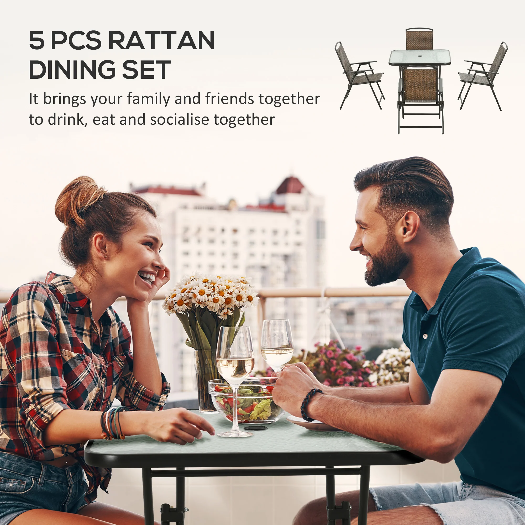 5 Pieces Outdoor Dining Set for 4 with Umbrella Hole, Tempered Glass Top, Dark Brown - Image 6