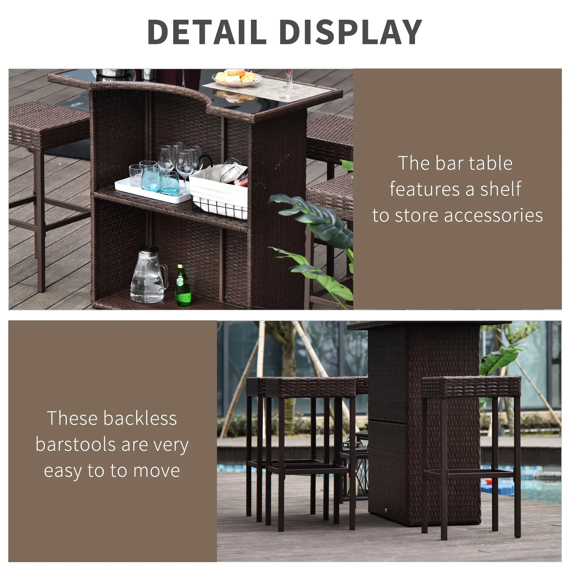 5 Pieces Outdoor Bar Set, PE Rattan Wicker Table w/ Tempered Glass Top & Shelves, Dark Brown - Image 7