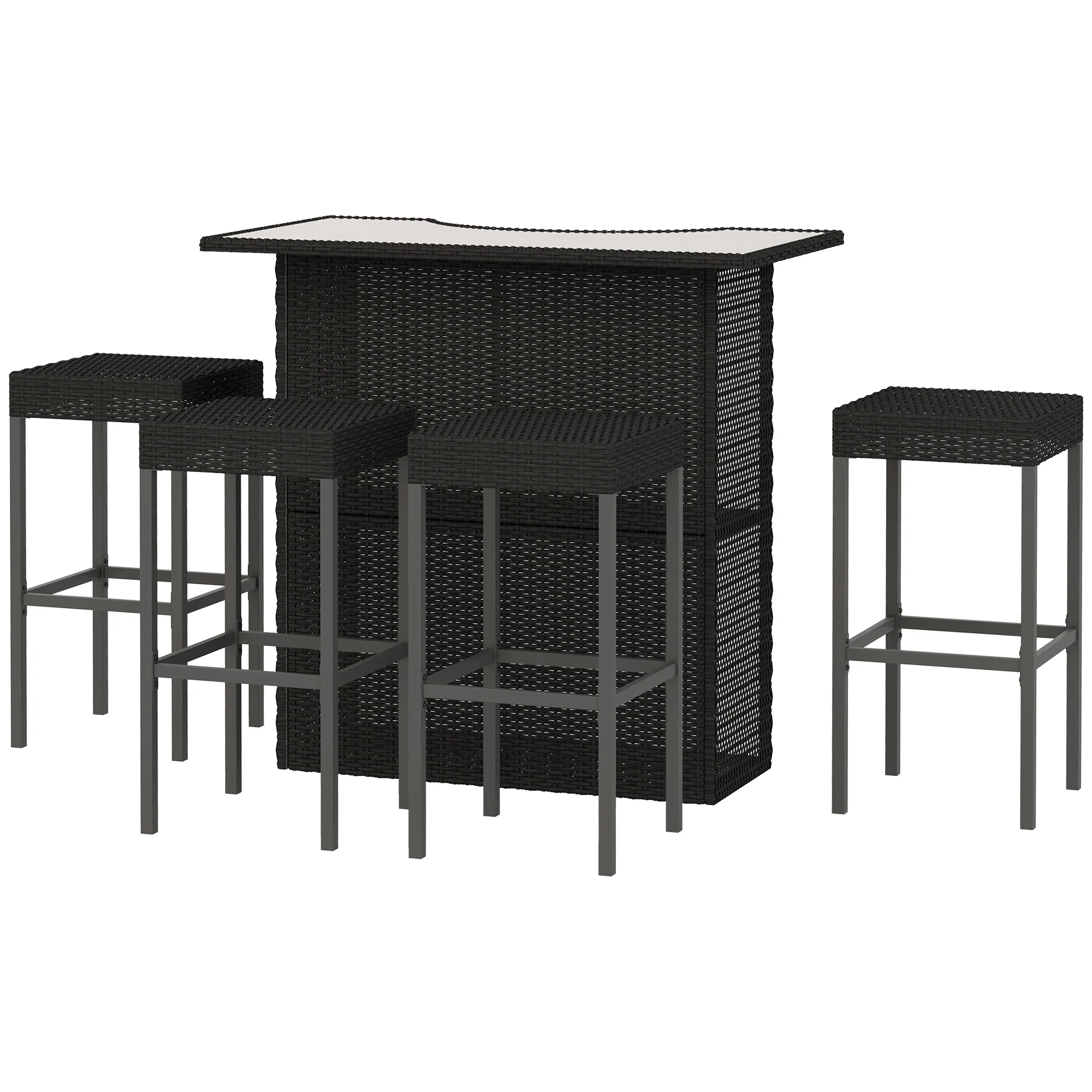 5 Pieces Outdoor Bar Set, PE Rattan Wicker Table w/ Tempered Glass Top & Shelves, Black - Image 2