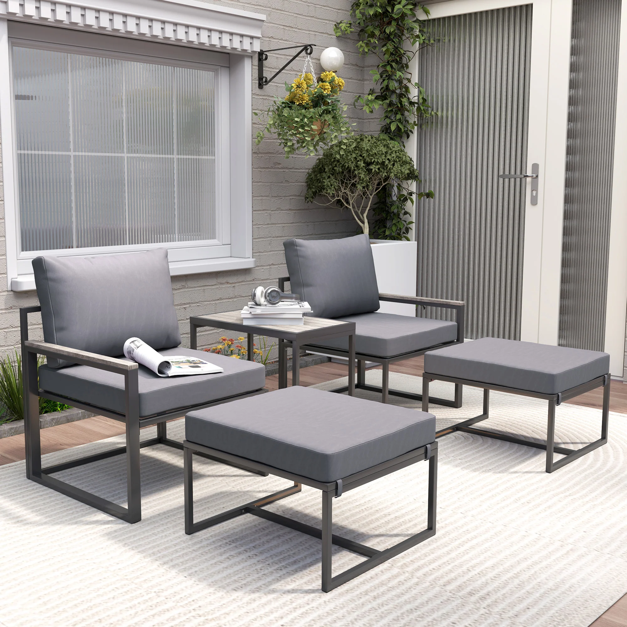 5 Pieces Outdoor Patio Furniture Set with Ottomans & Cushions for Garden, Poolside, Grey - Image 4