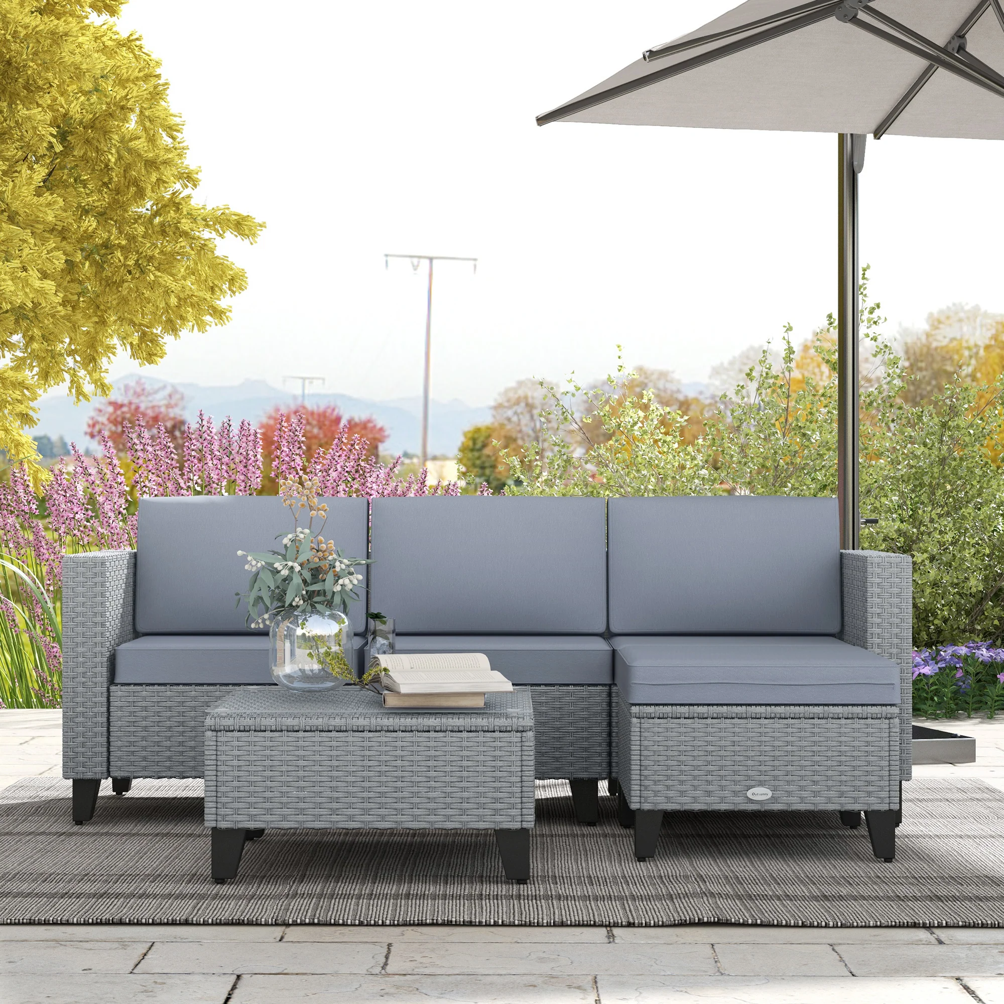 5 Pieces PE Rattan Garden Furniture Set, 4 Seater Garden Corner Sofa Set with Glass Coffee Table, Wicker Outdoor Furniture Set with Cushions for Patio Deck, Grey - Image 3