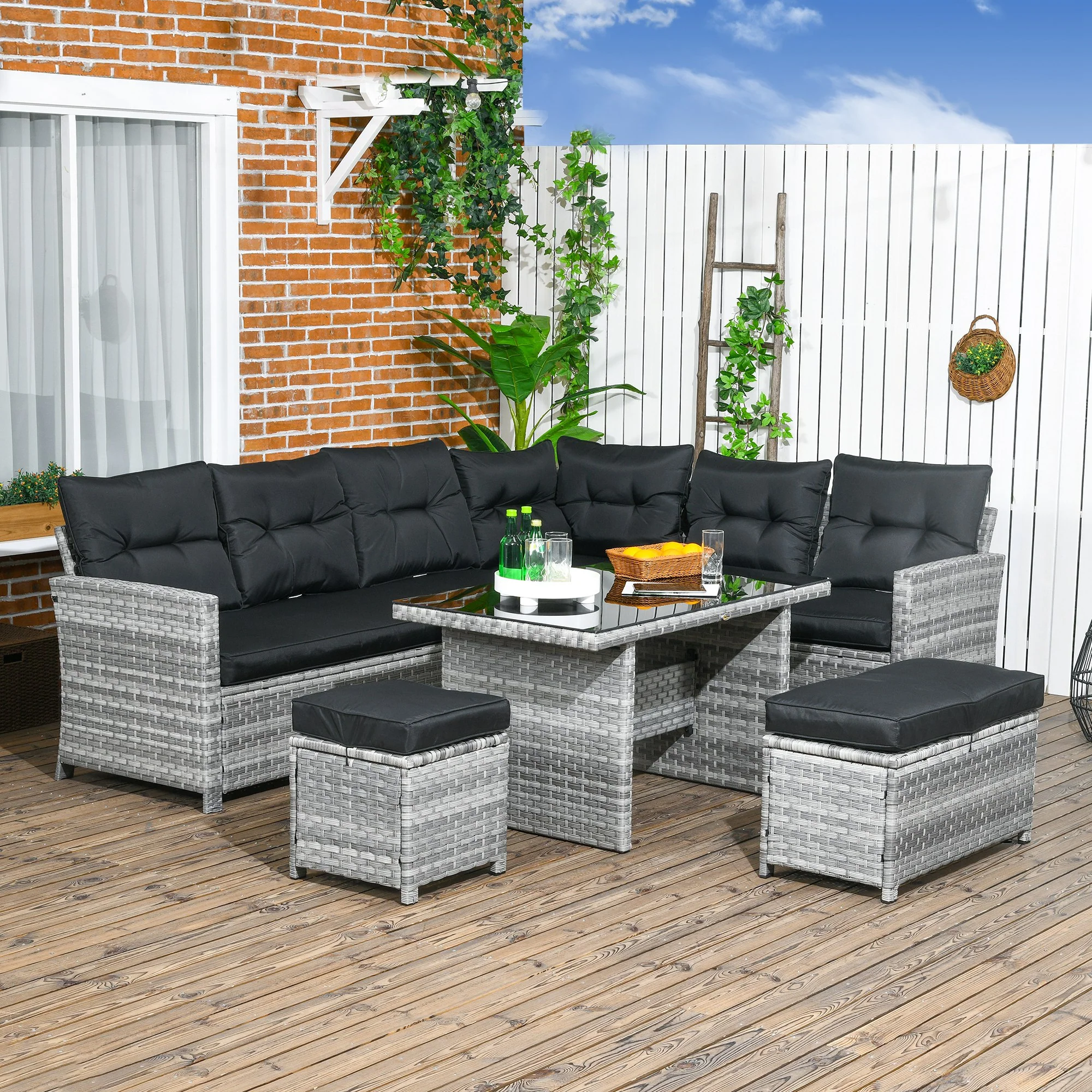 5 Pieces Rattan Garden Furniture Set with Corner Sofa, Glass Table & 2 Stools, Mixed Grey - Image 4