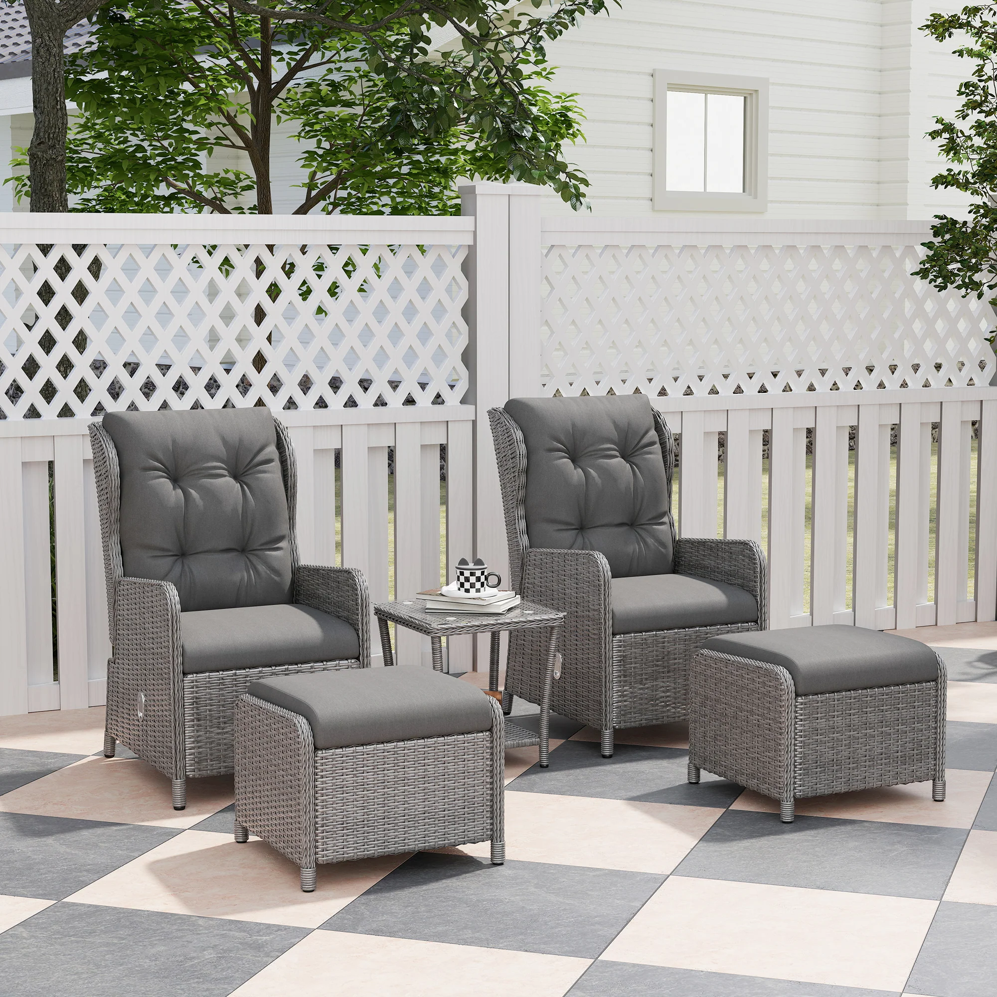 5 Pieces Rattan Bistro Set with Adjustable Back, Coffee Table and Footstools, Light Grey - Image 3