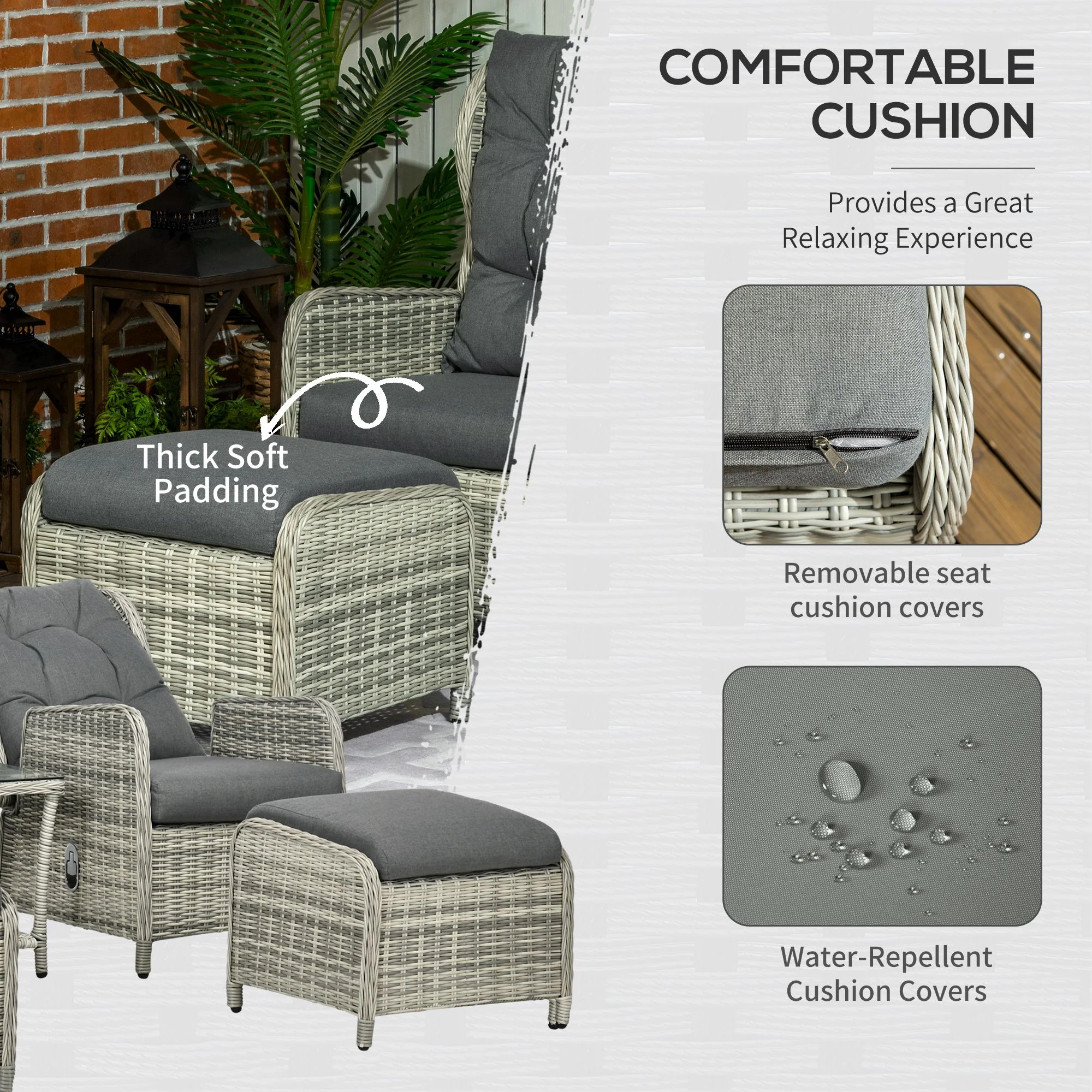 5 Pieces Rattan Bistro Set with Adjustable Back, Coffee Table and Footstools, Grey - Image 7