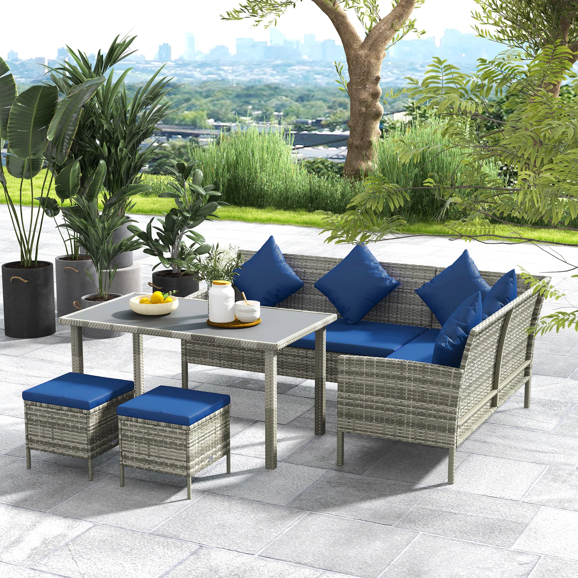 5 Pieces Rattan Garden Furniture Set, 6 Seater Wicker Dining Set, Corner Garden Sofa Outdoor Furniture Set with Glass Top Table, Footstool and Cushions for Patio, Dark Blue - Image 3