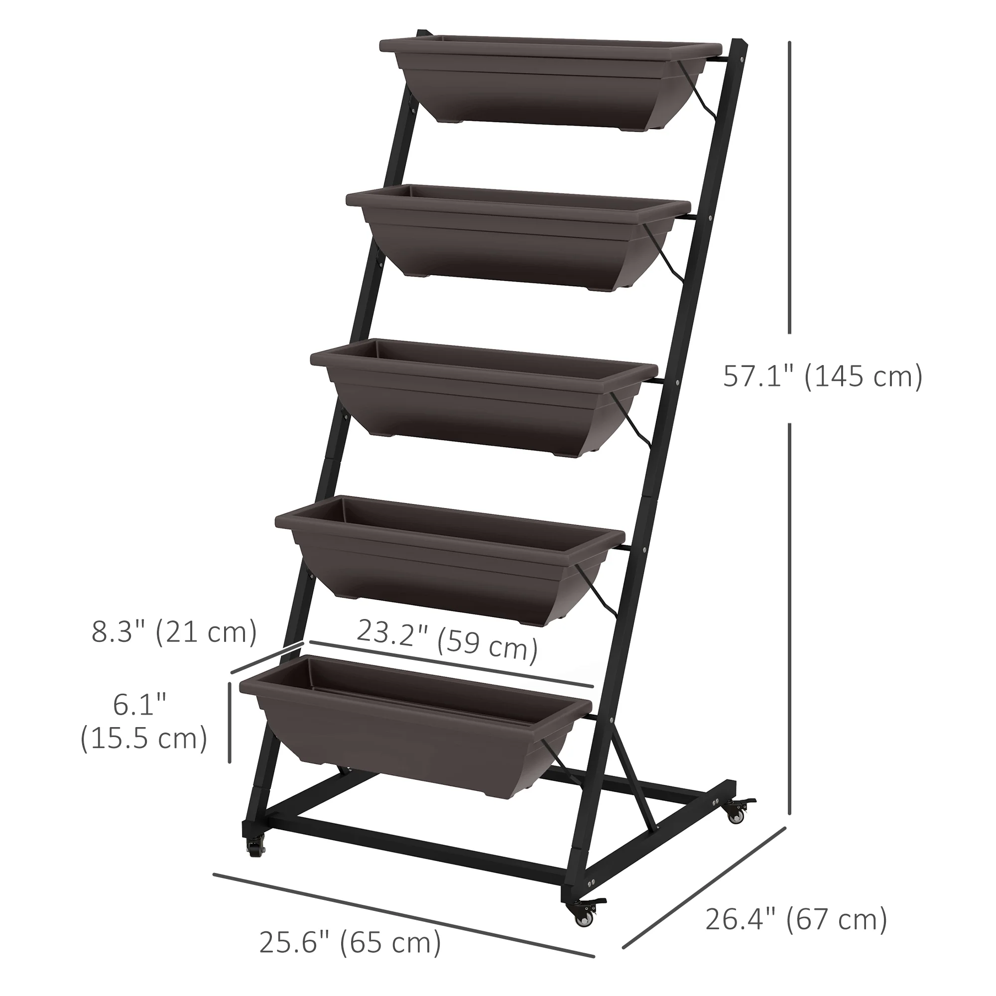 5-Tier Vertical Garden Bed with 5 Planters, Wheels and Drainage Holes, Brown - Image 5