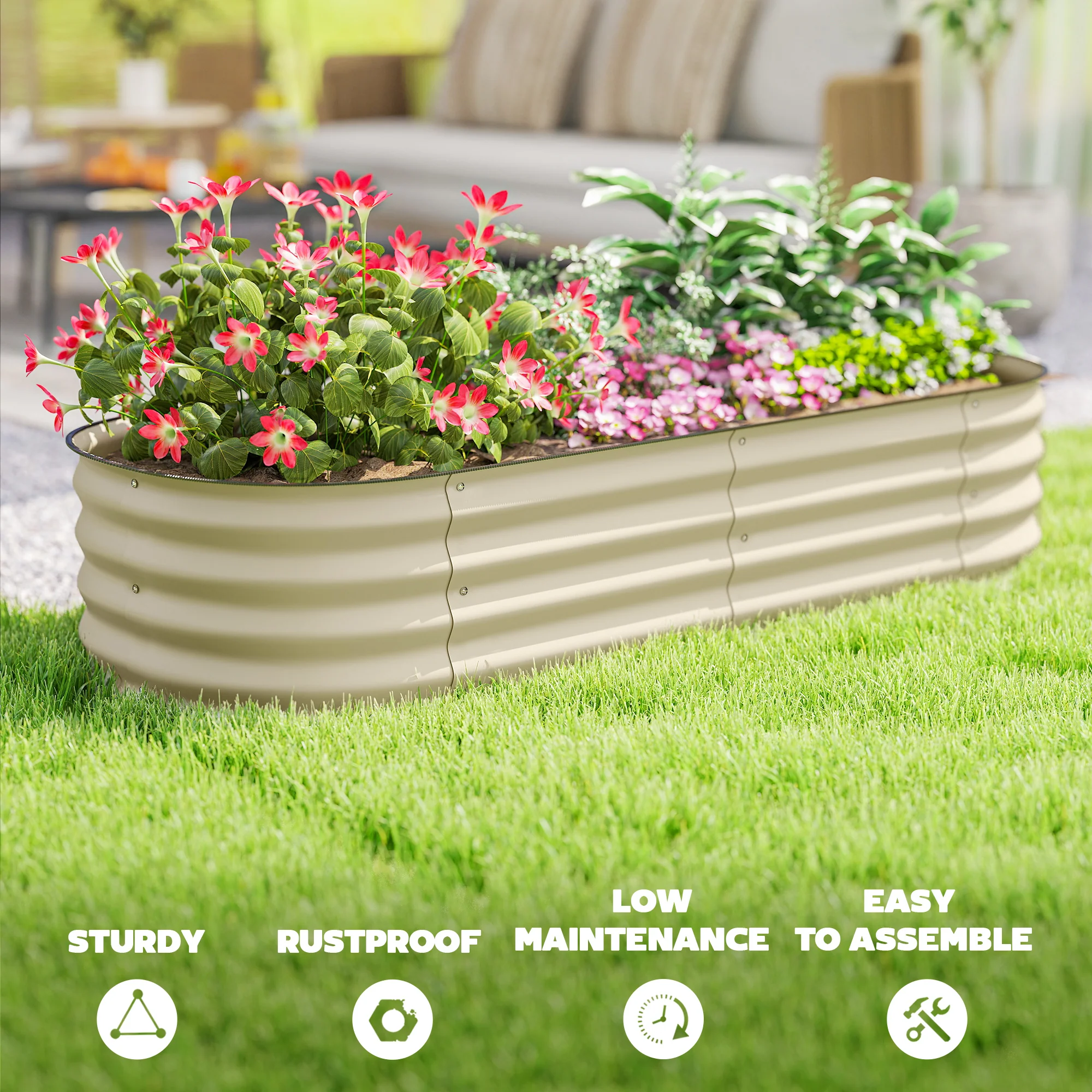 5' x 2' x 1' Galvanized Raised Garden Bed Kit, Outdoor Metal Elevated Planter Box with Safety Edging, Easy DIY Stock Tank for Growing Flowers, Herbs & Vegetables, Cream - Image 9